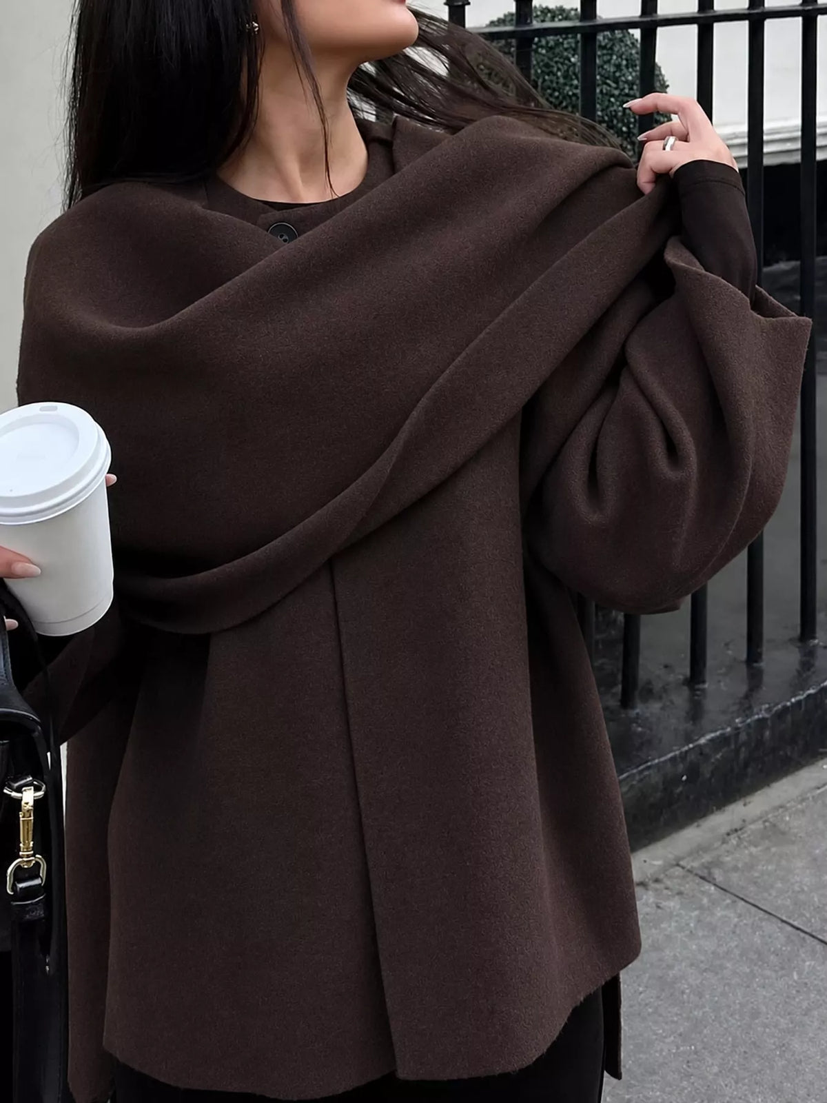 Oversized Drape-Front Knit Cardigan — front view