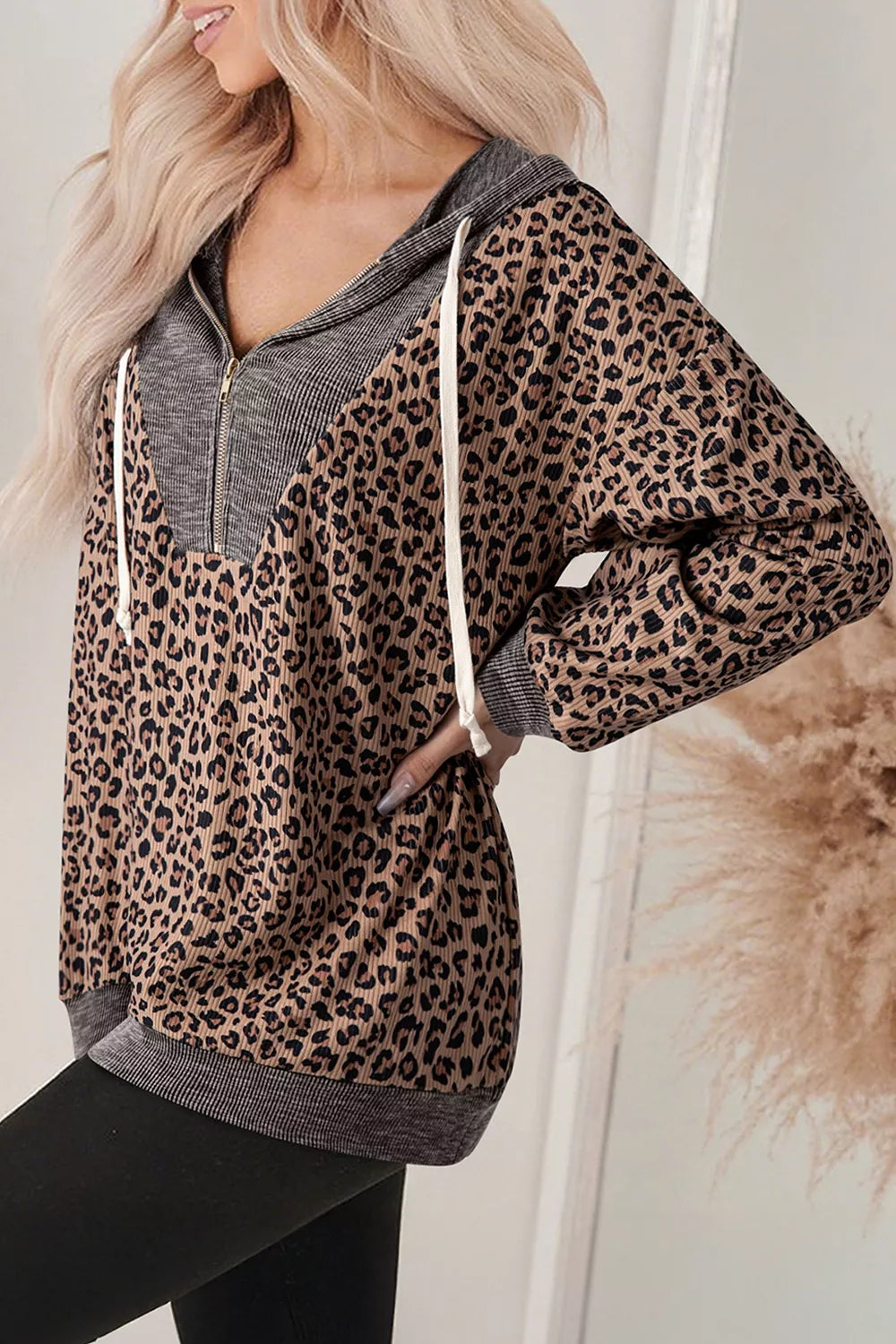 Trendsi Leopard Print Quarter-Zip Hoodie -