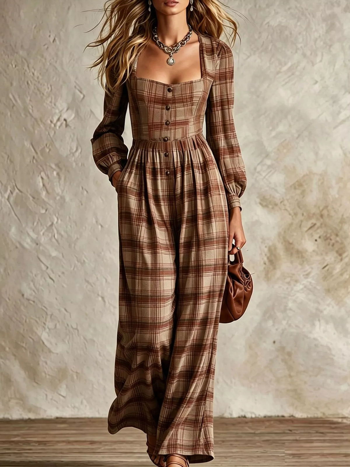Plaid jumpsuit, brown front