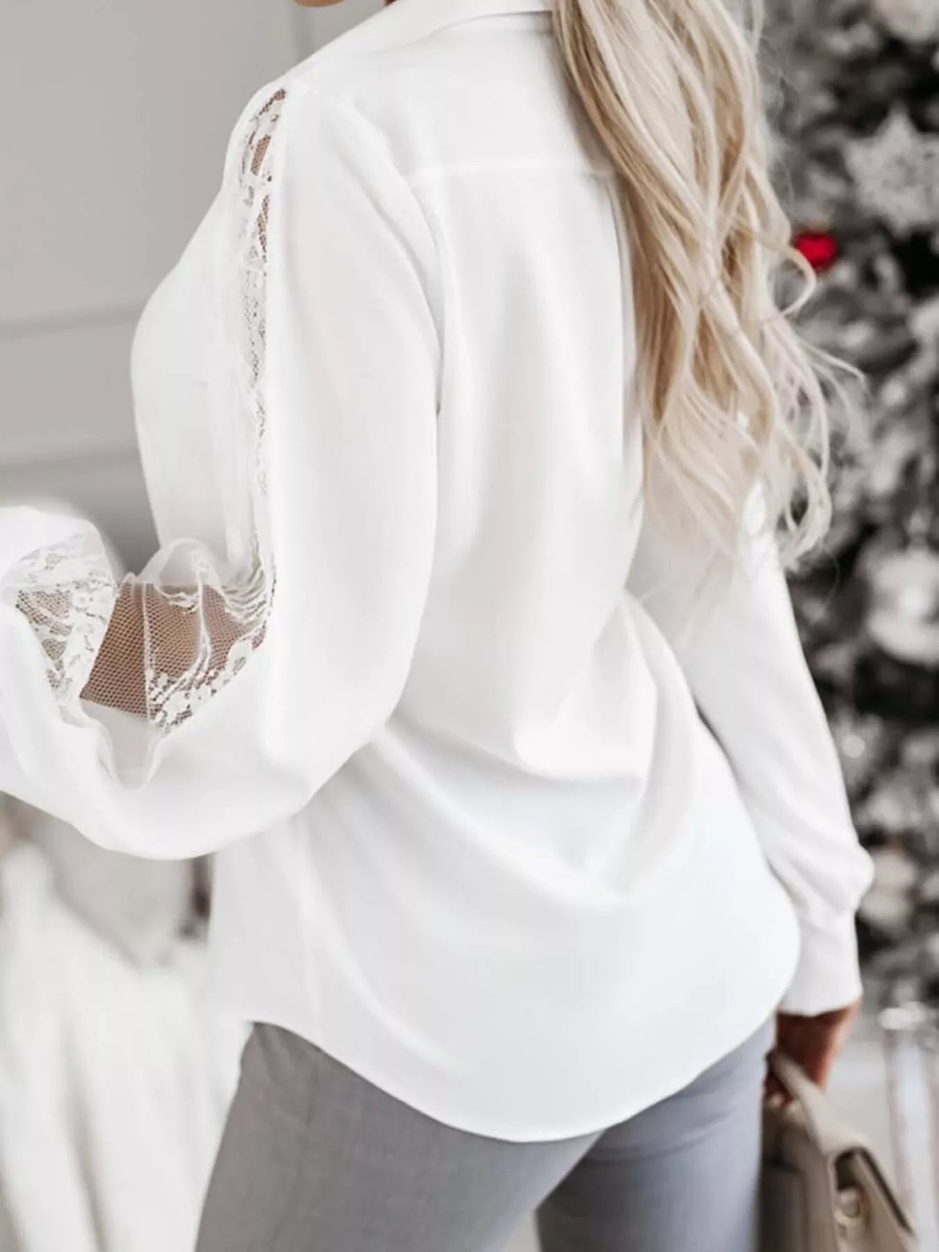 Trendsi Lace-Sleeve Button Up Shirt -