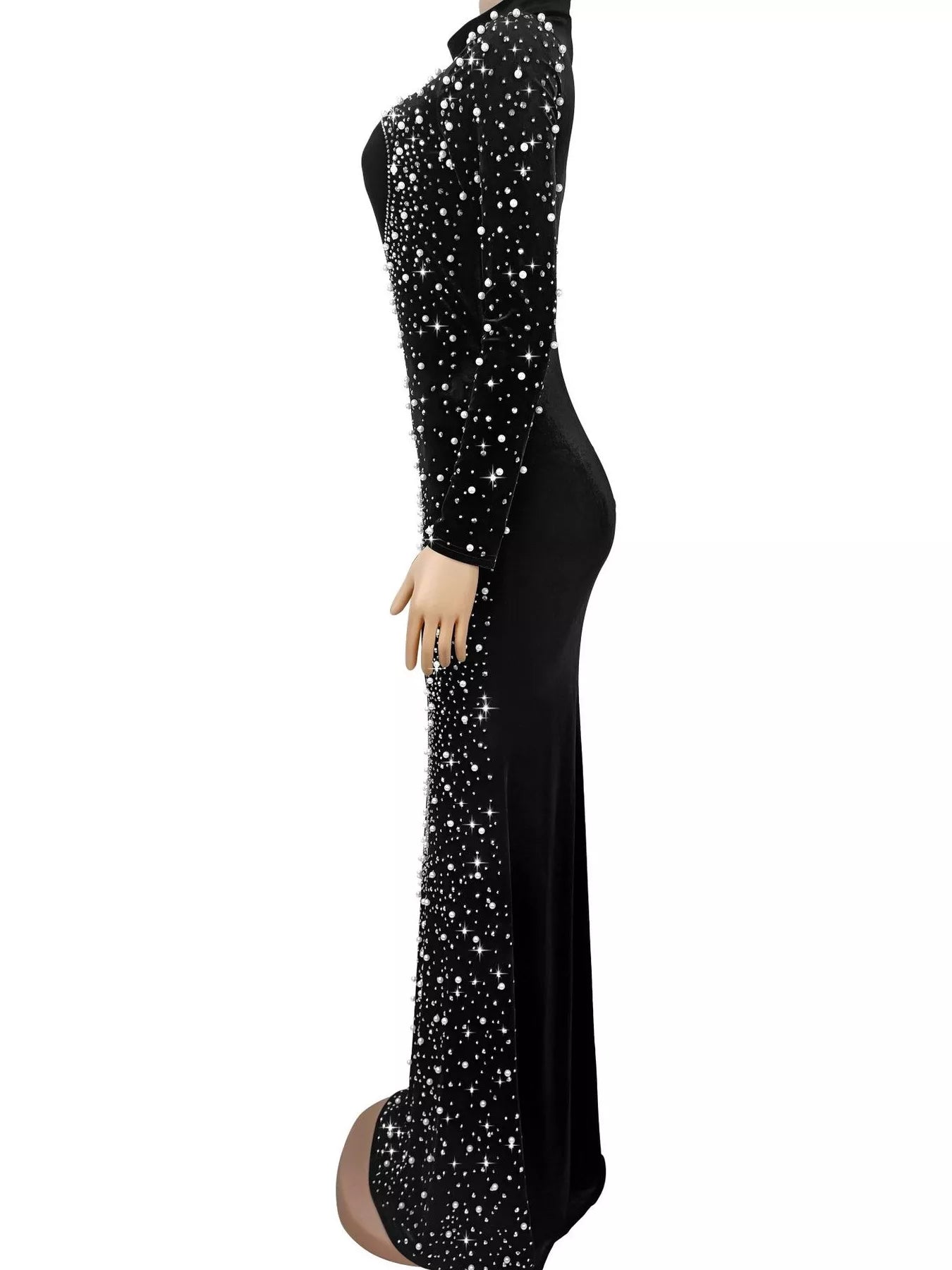Trendsi Rhinestone Embellished Velvet Mermaid Evening Maxi Dress -