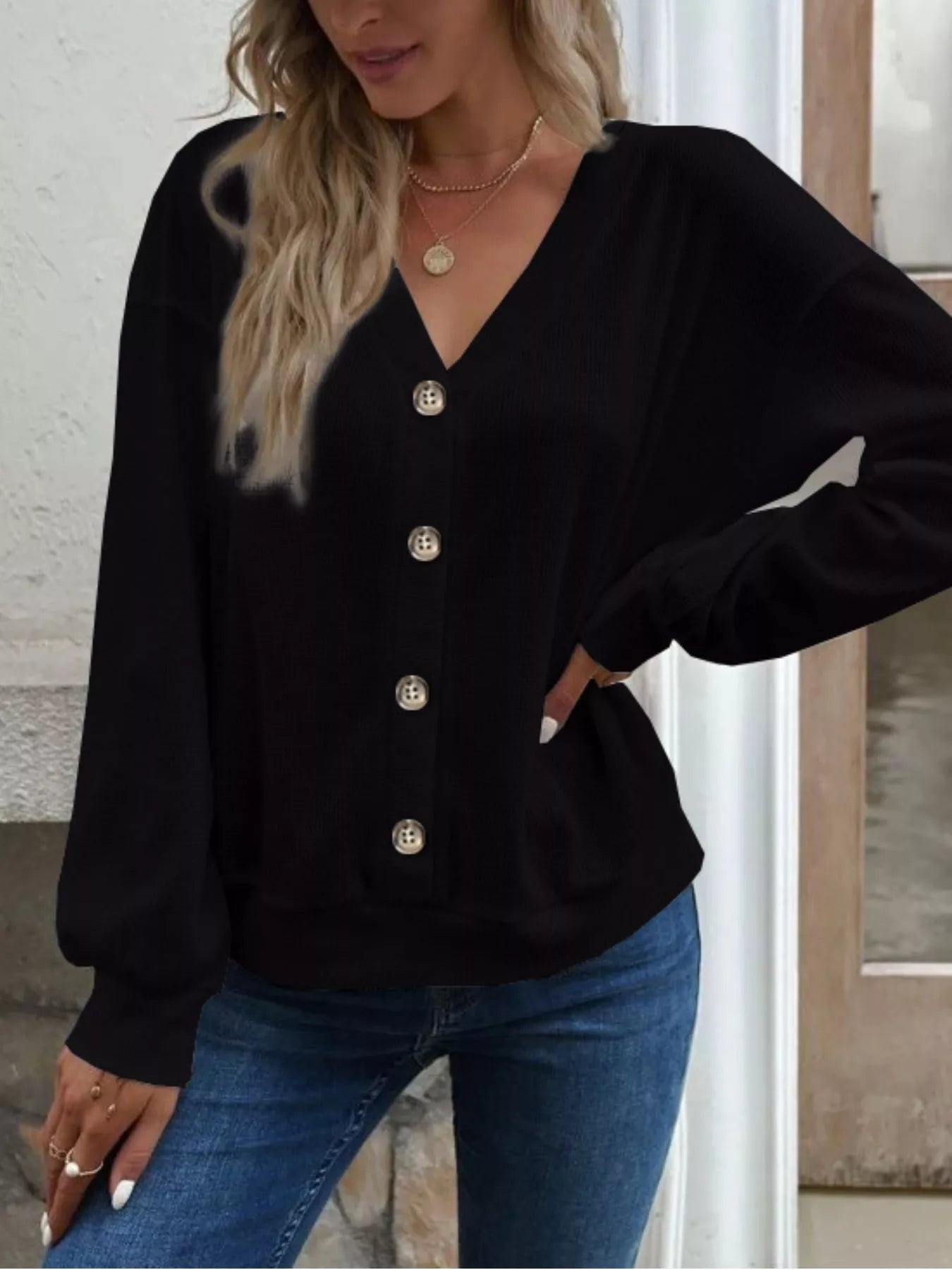 Trendsi Casual V-Neck Waffle Long Sleeve Top -