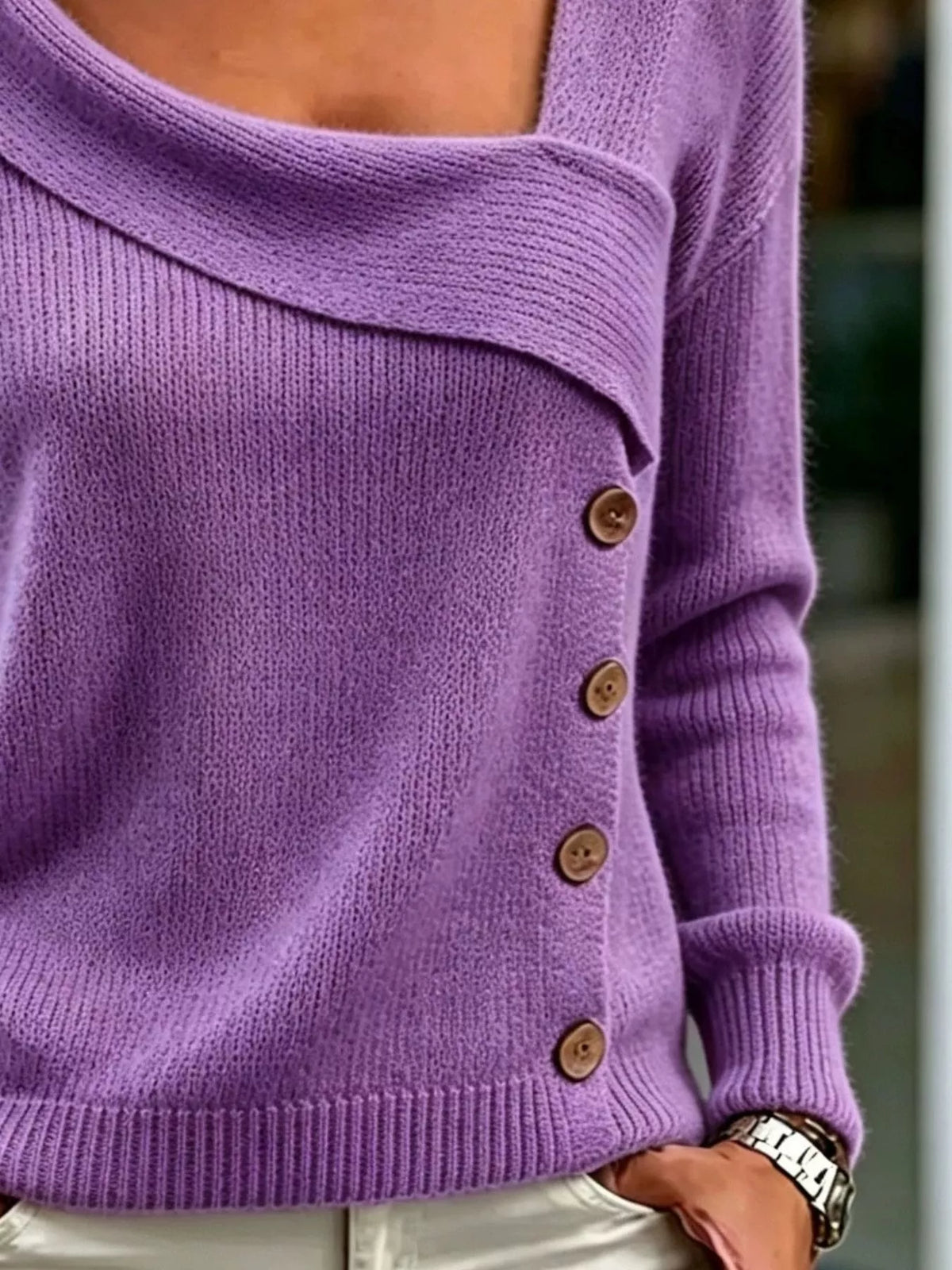 Women's Asymmetric Neckline Button-Decorated Sweater in purple — neckline detail view