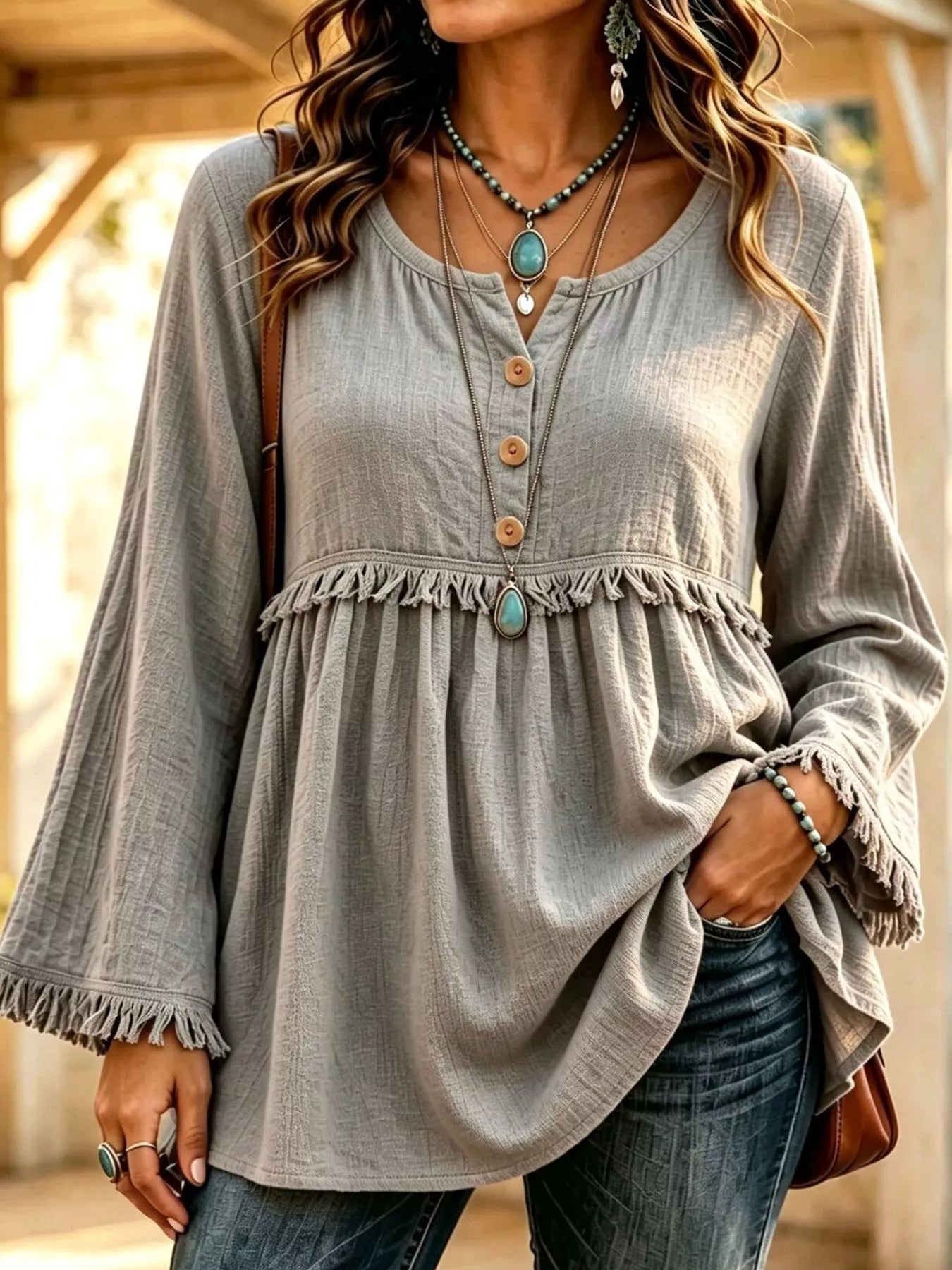 Trendsi Button-Down Detail Fringed Hem Blouse -