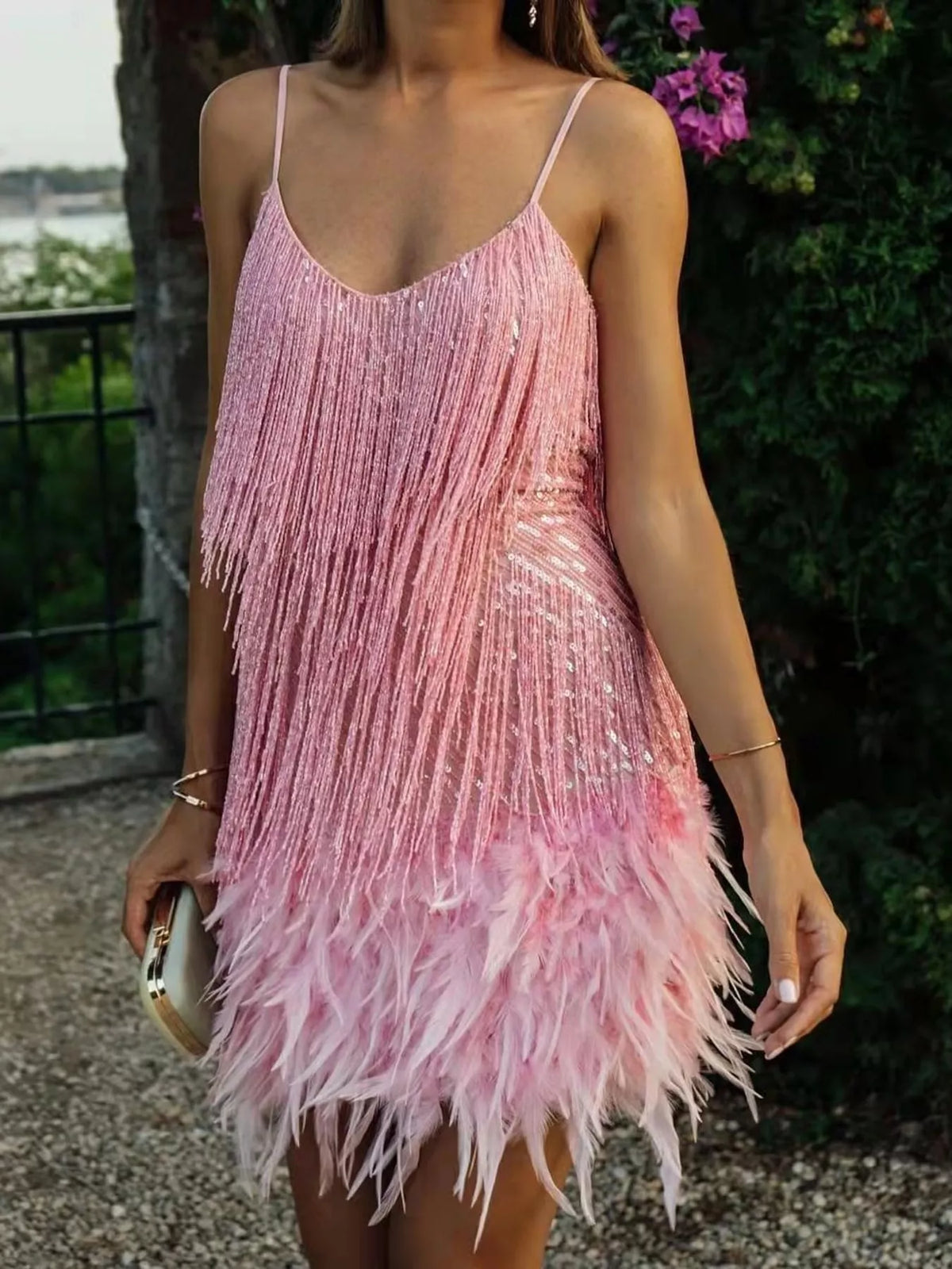 Pink feather fringe sequin mini dress, front view