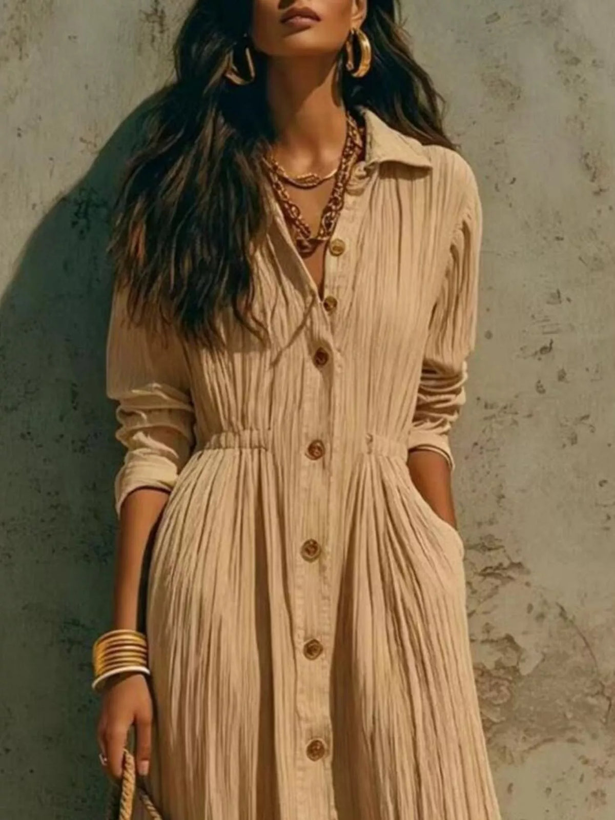 Tan button-down textured maxi shirt dress