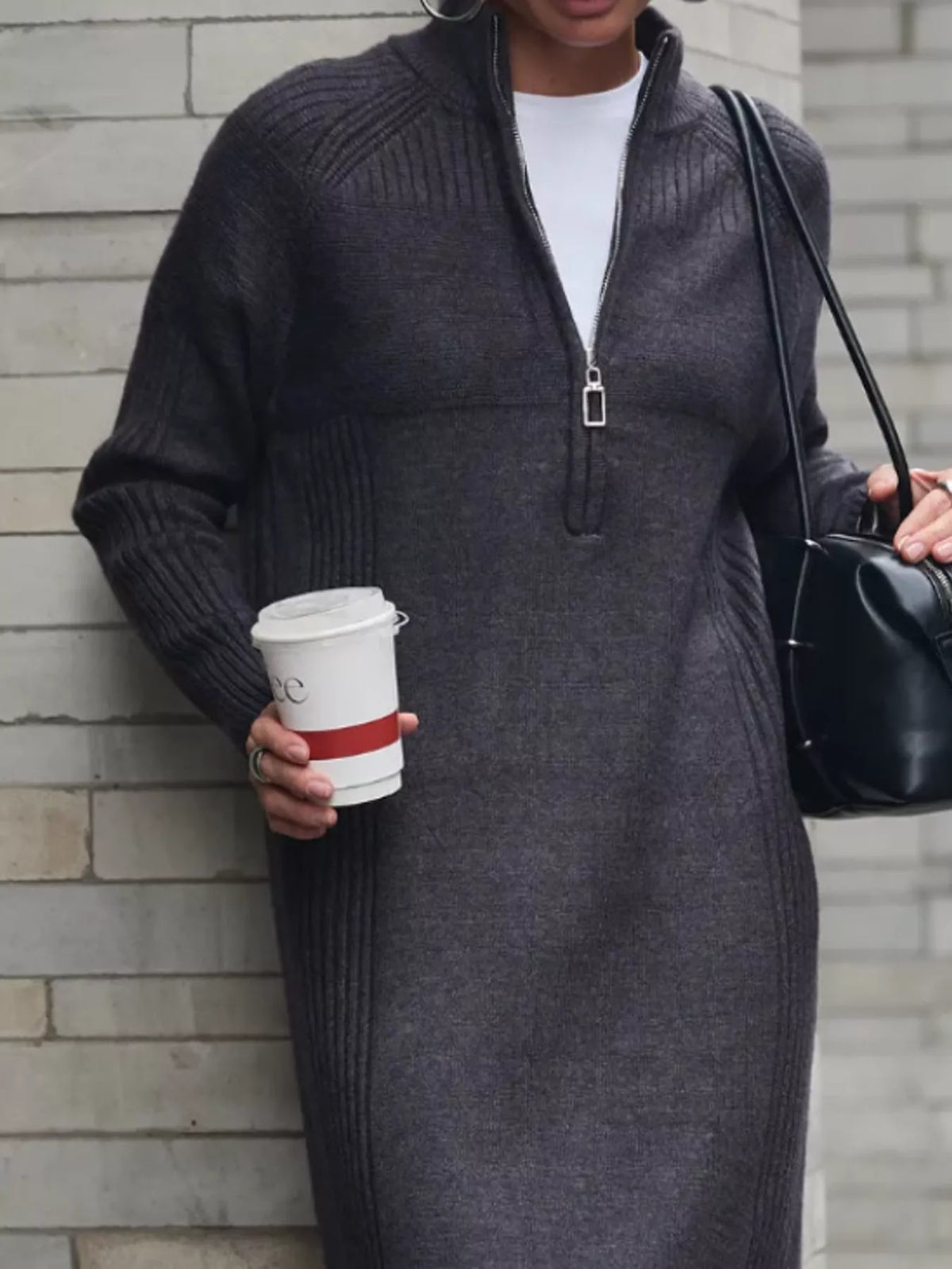 Charcoal half-zip ribbed knit sweater dress — design and construction details