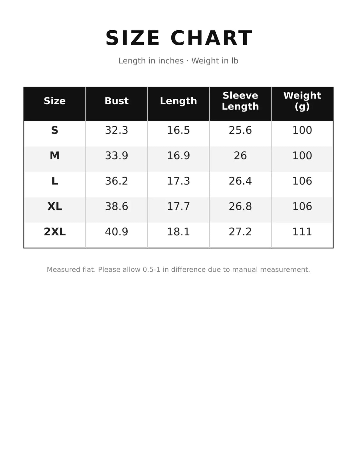Size chart for lace sheer crop t-shirt
