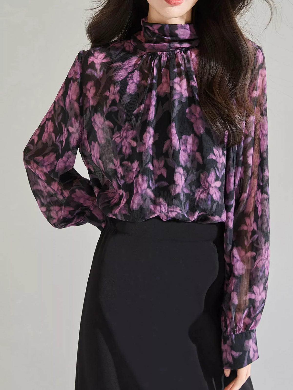 Floral Print Chiffon Blouse with Tie-Neck Detail in purple