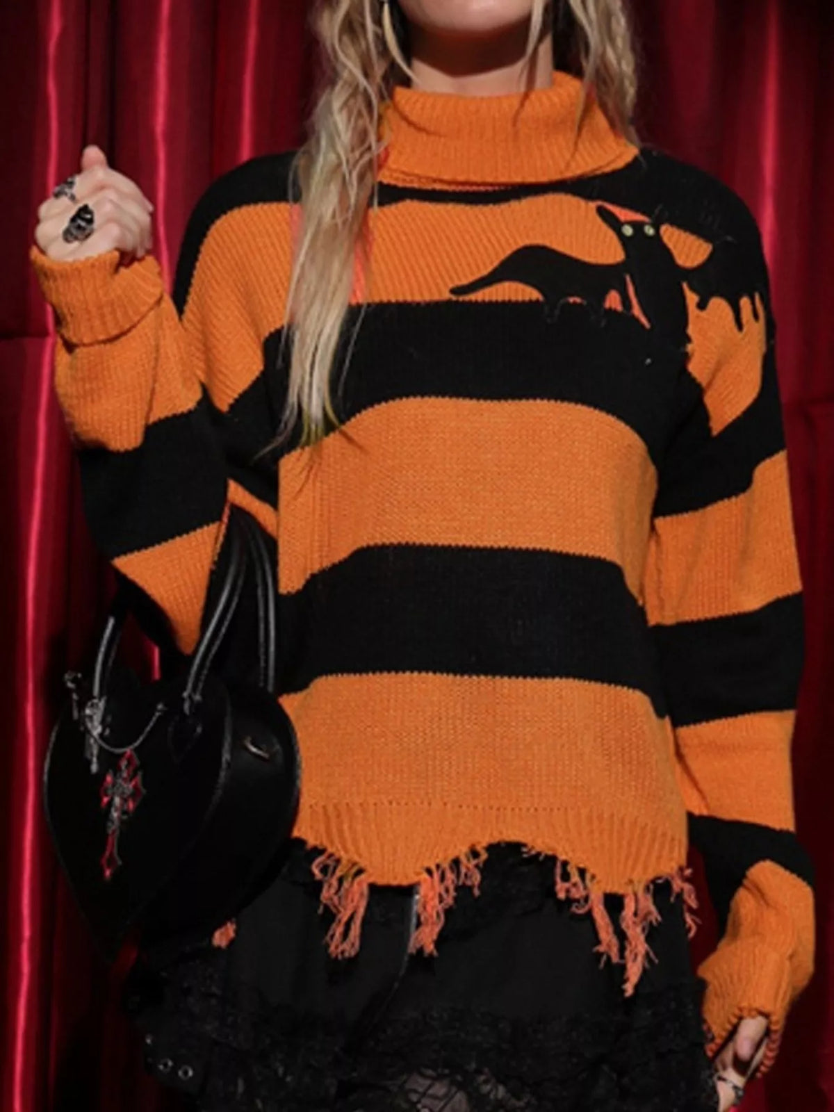 Trendsi Halloween Bat Graphic Striped Turtleneck Raw Hem Sweater -