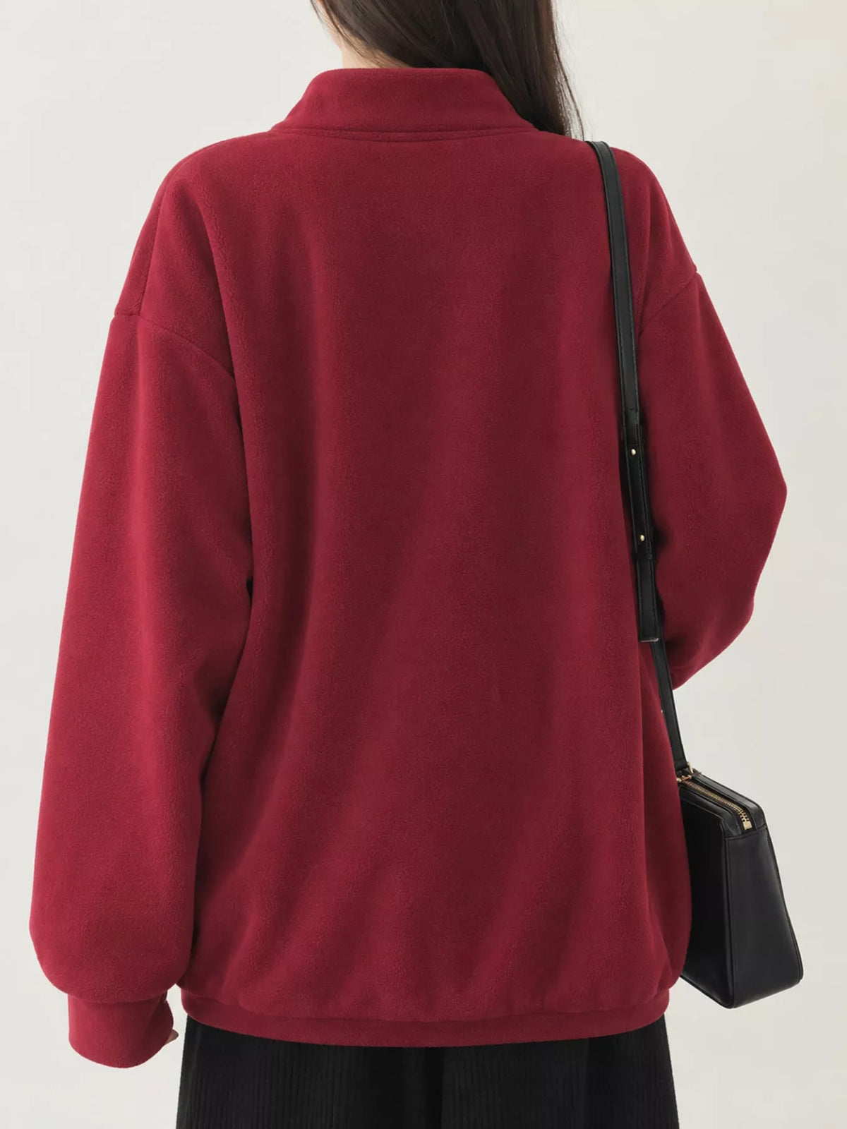 Burgundy fleece stand-collar zip-up jacket, back view