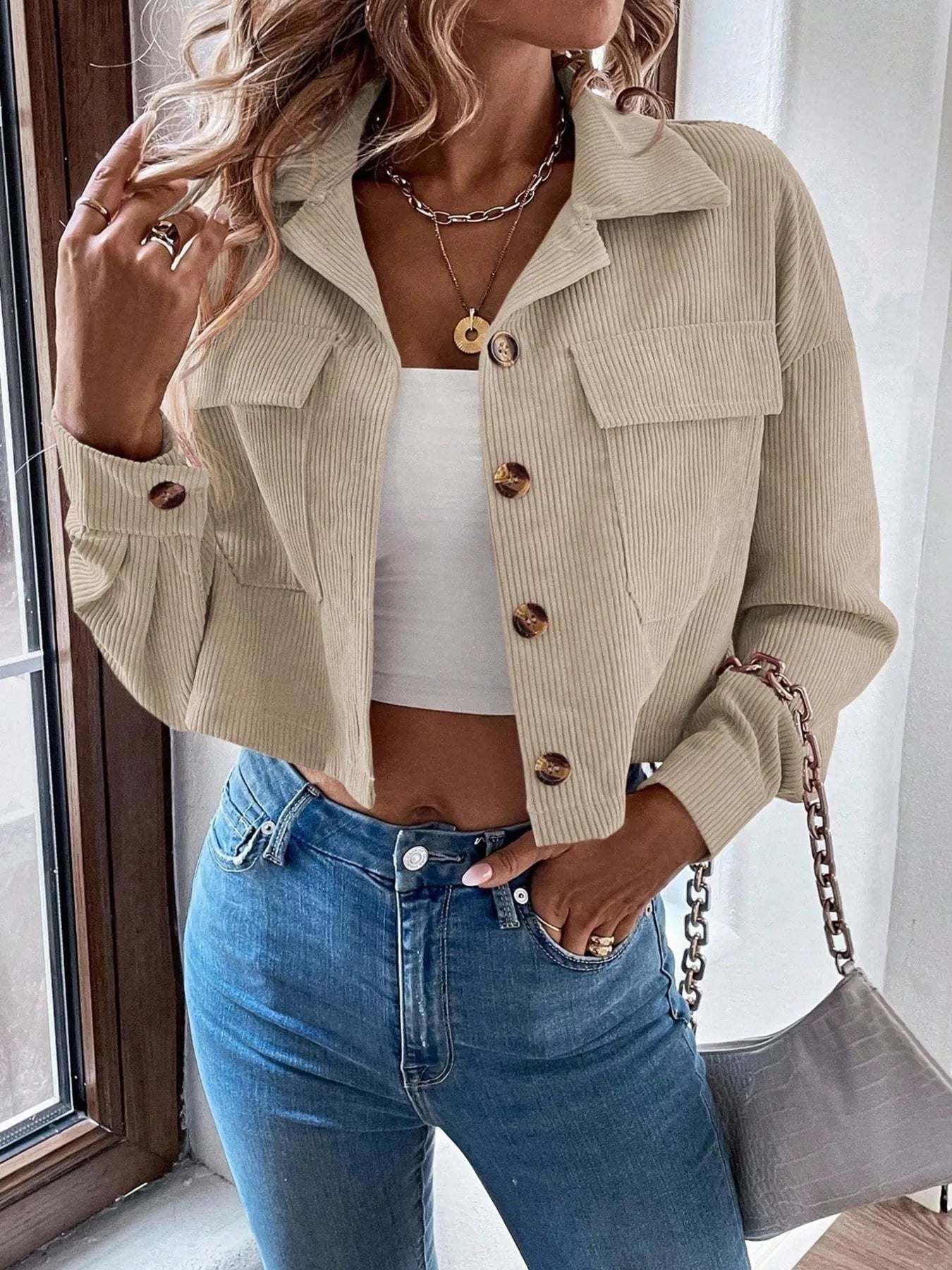 Trendsi Cropped Corduroy Button-Down Jacket -