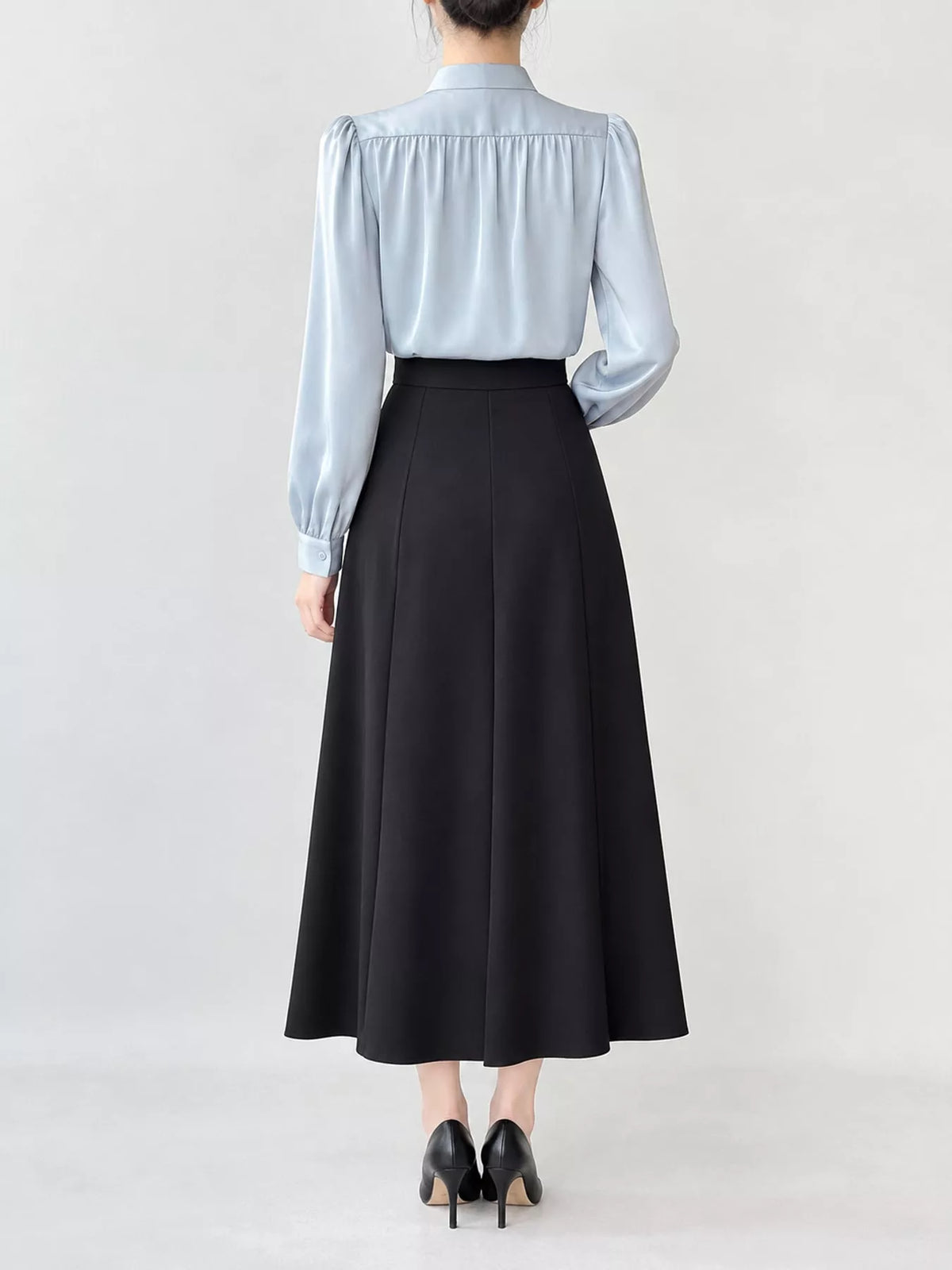 Blue tie front shirt, back view