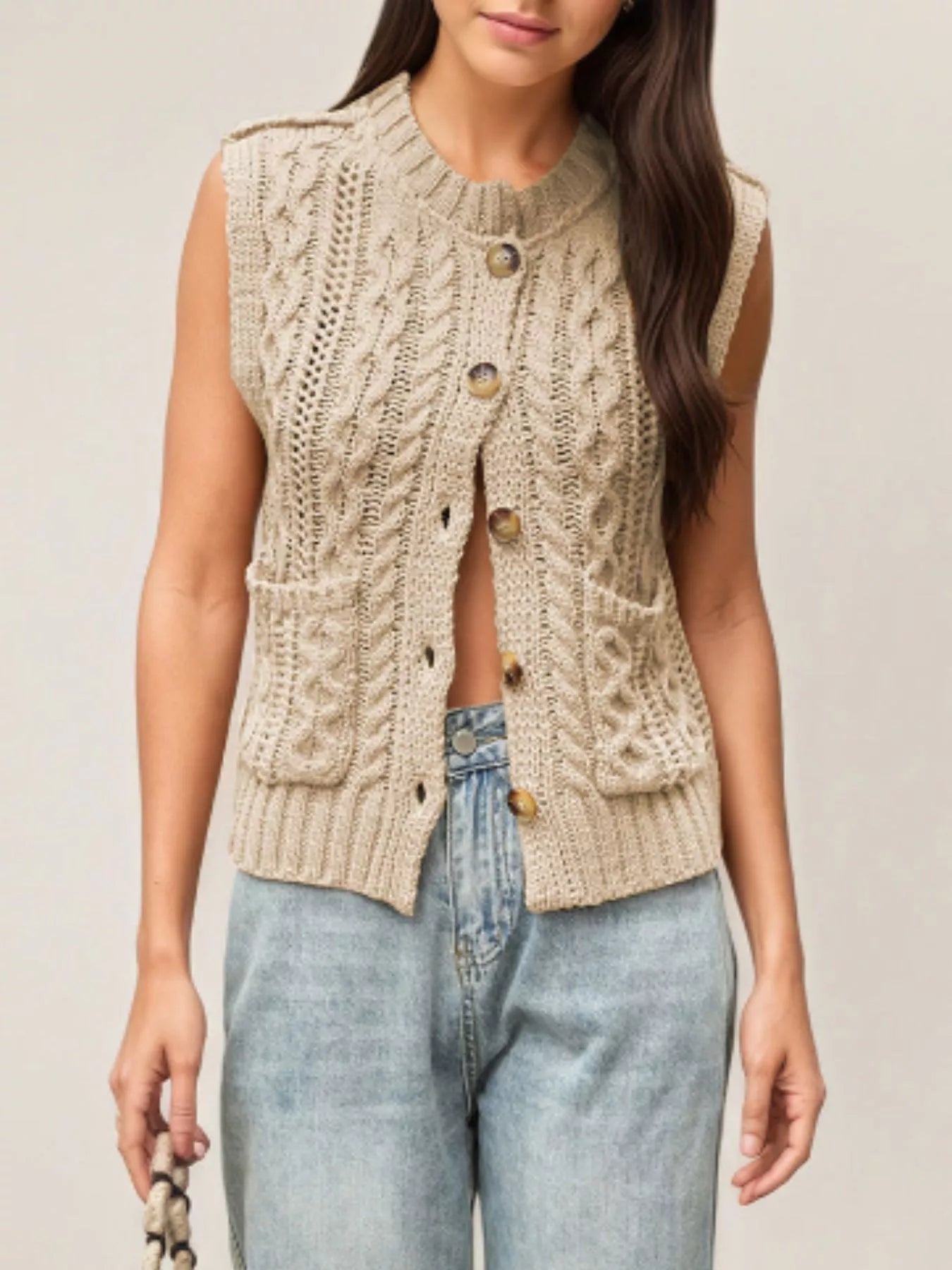 Trendsi Cable-Knit Button-Down Sweater Vest -