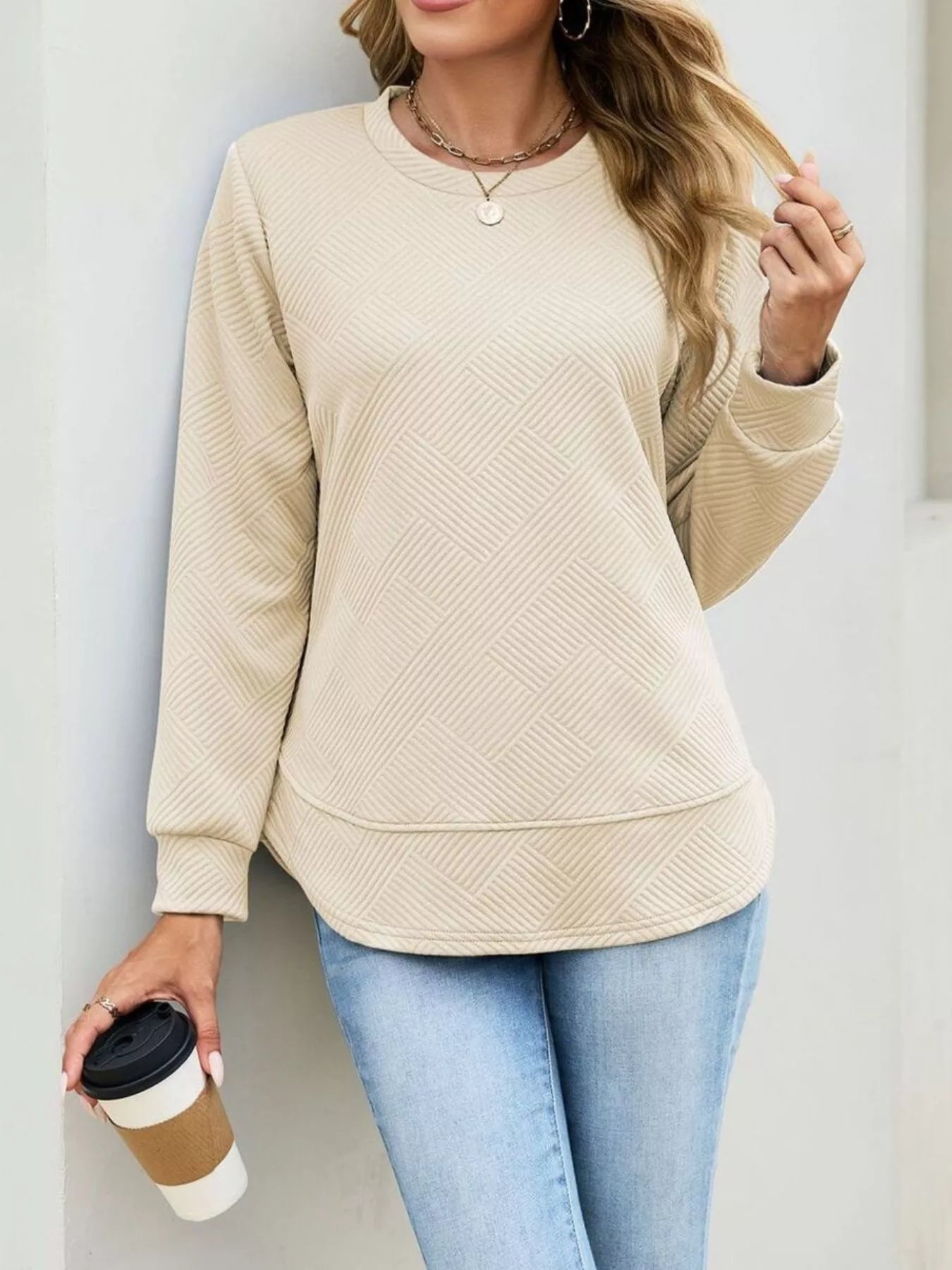 Trendsi Textured Crew Neck Sweatshirt -