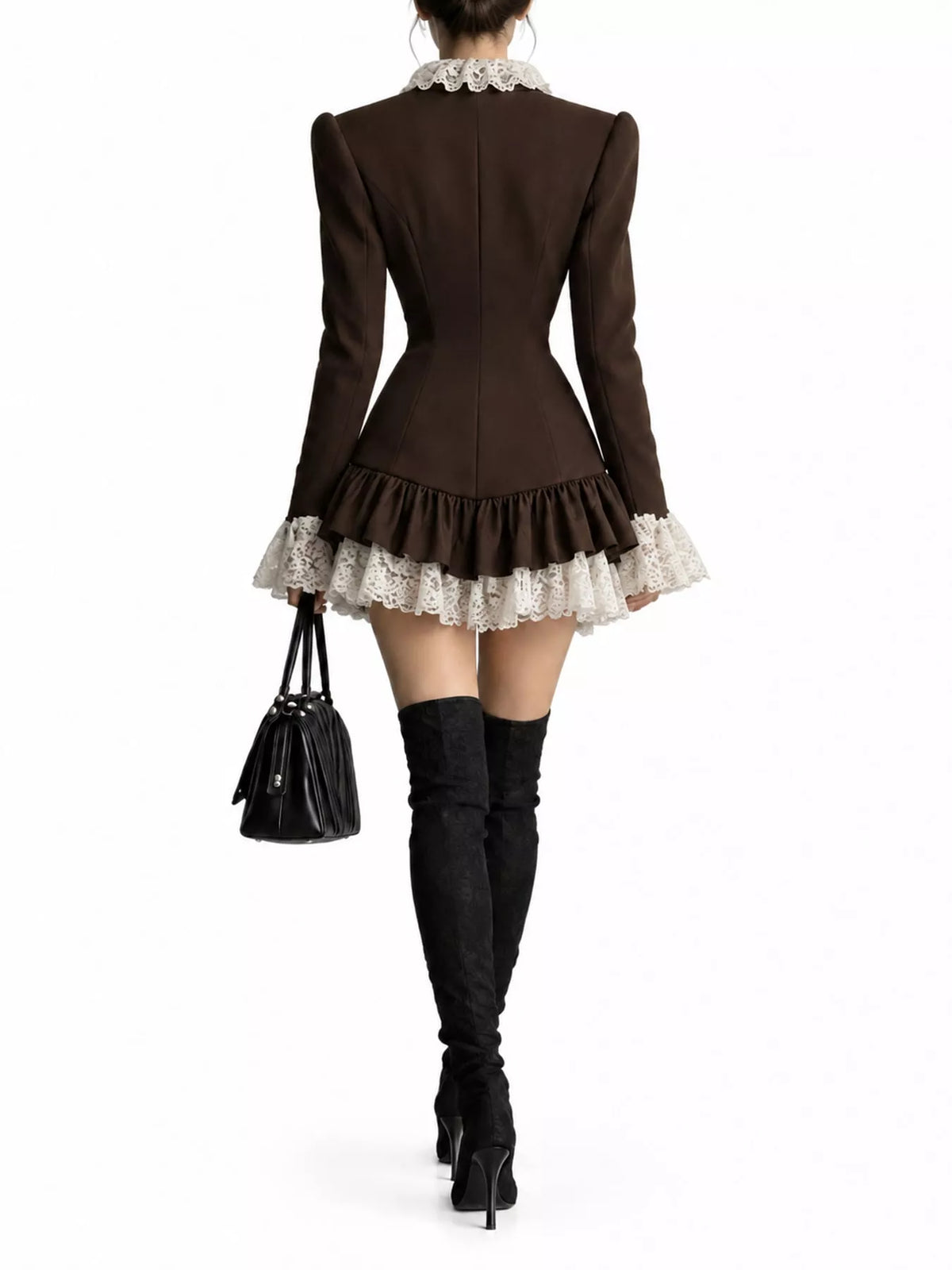Dark brown lace trim blazer dress, back view