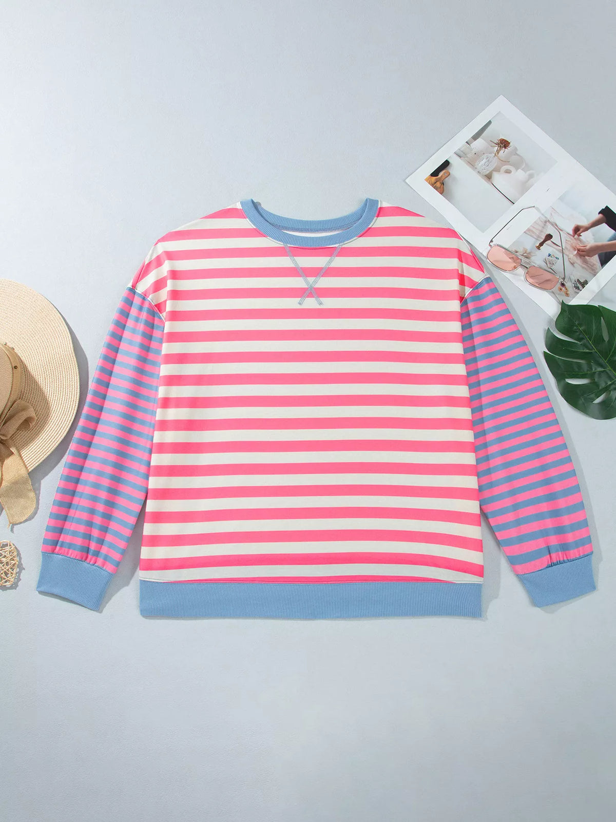 Pink white and blue striped crewneck tunic sweatshirt, front product view