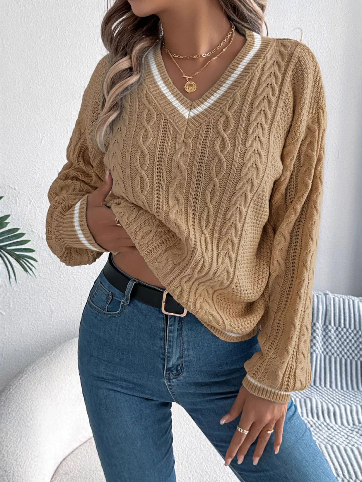 V-Neck Cable Knit Sweater with Striped Trim in camel, front view
