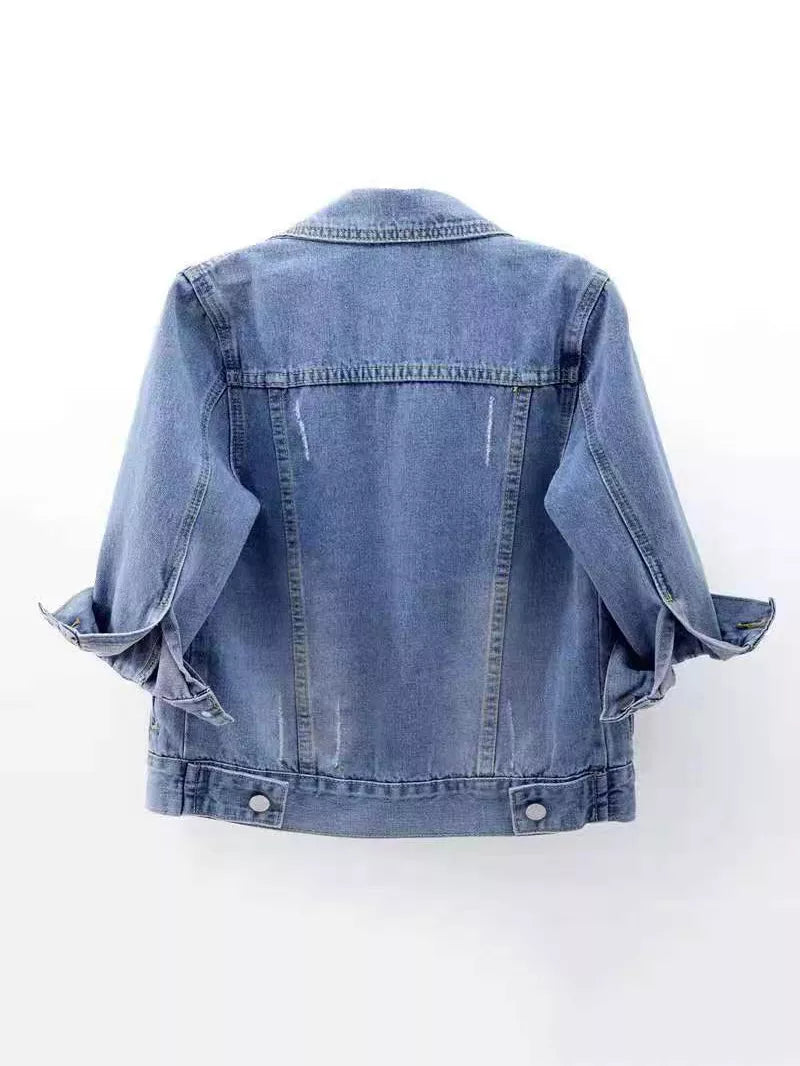 Light blue washed denim mid-sleeve jacket, back view