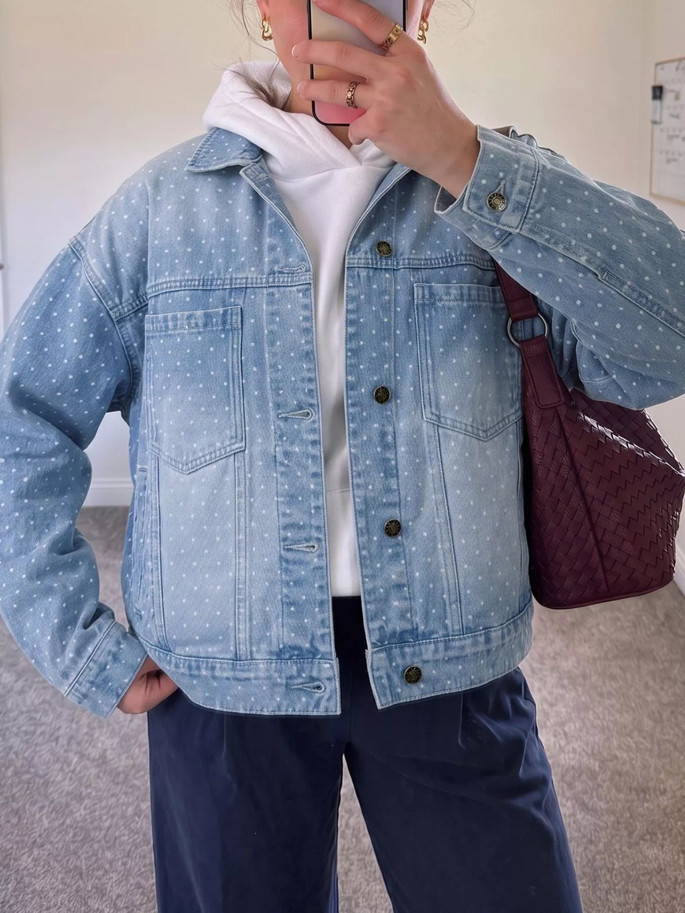 Trendsi Polka Dot Long Sleeve Collar Pocket Casual Shift Silhouette Denim Jacket -