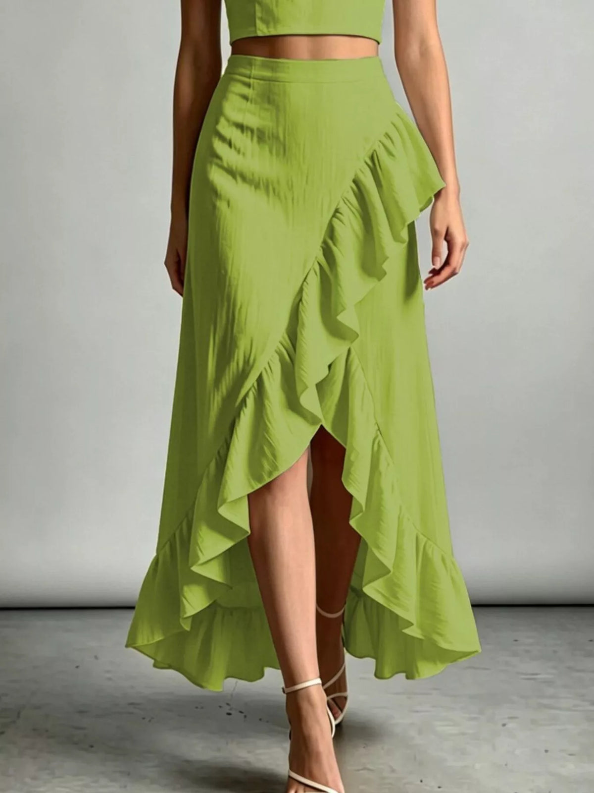Green Halter Neck Crop Top and High-Low Maxi Skirt Two-Piece Set back view