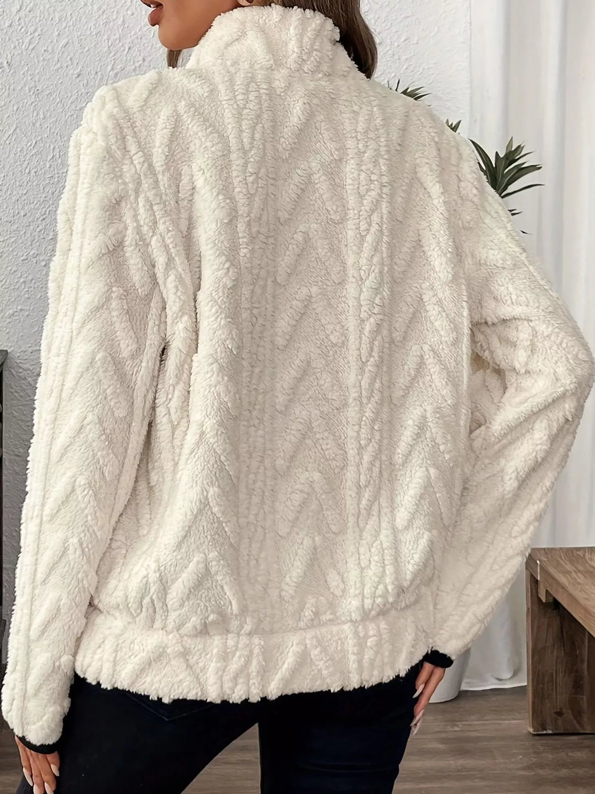 Women's Quarter-Zip Sherpa Sweatshirt in cream — back view