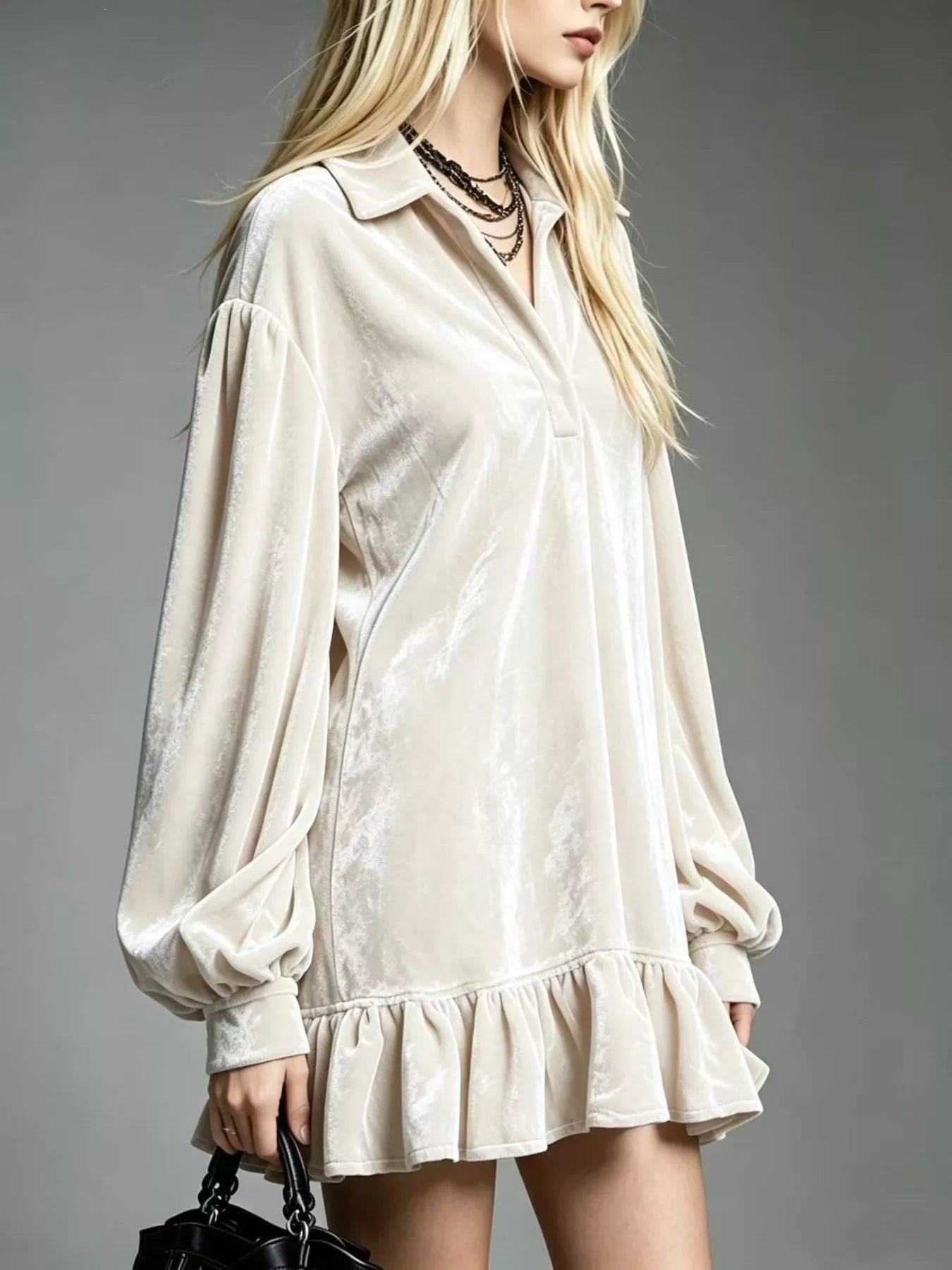 Trendsi Full Size Velvet Ruffled Hem Long Sleeve Dress Plus Size -