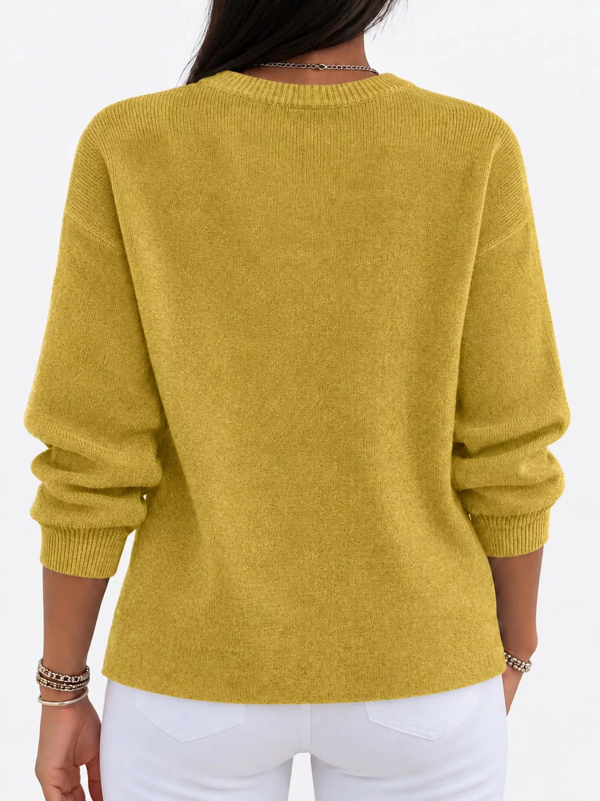 Yellow crew neck sweater, back view