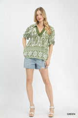 Trendsi Umgee Two Tone Boarder Print Top -