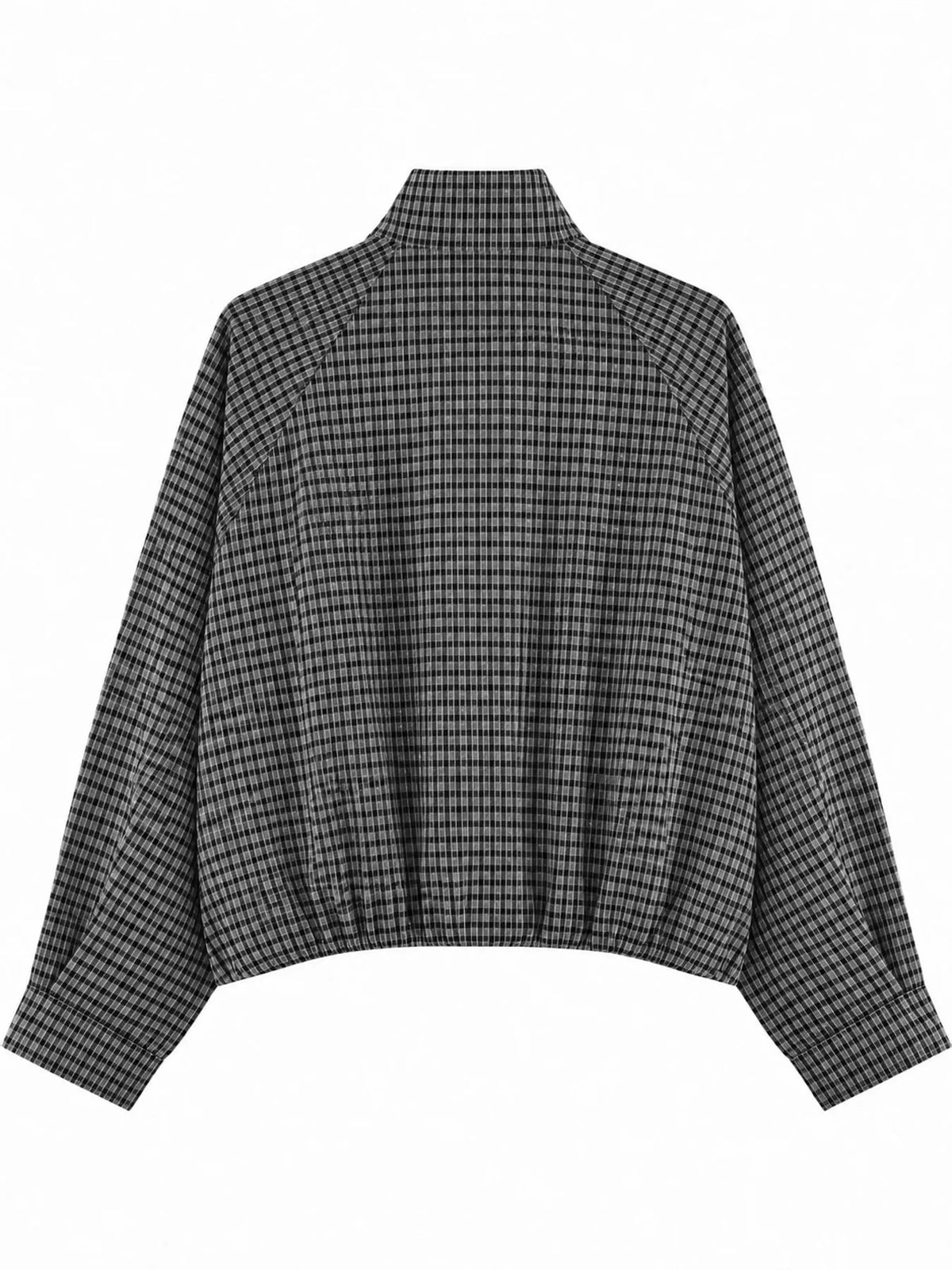 Black And Gray plaid stand-collar cropped jacket, back view