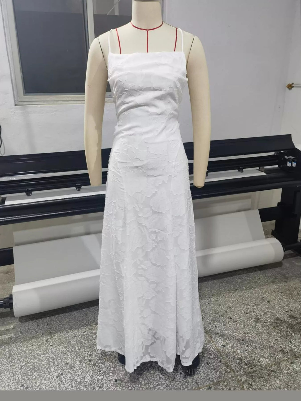 White backless lace maxi dress, front view