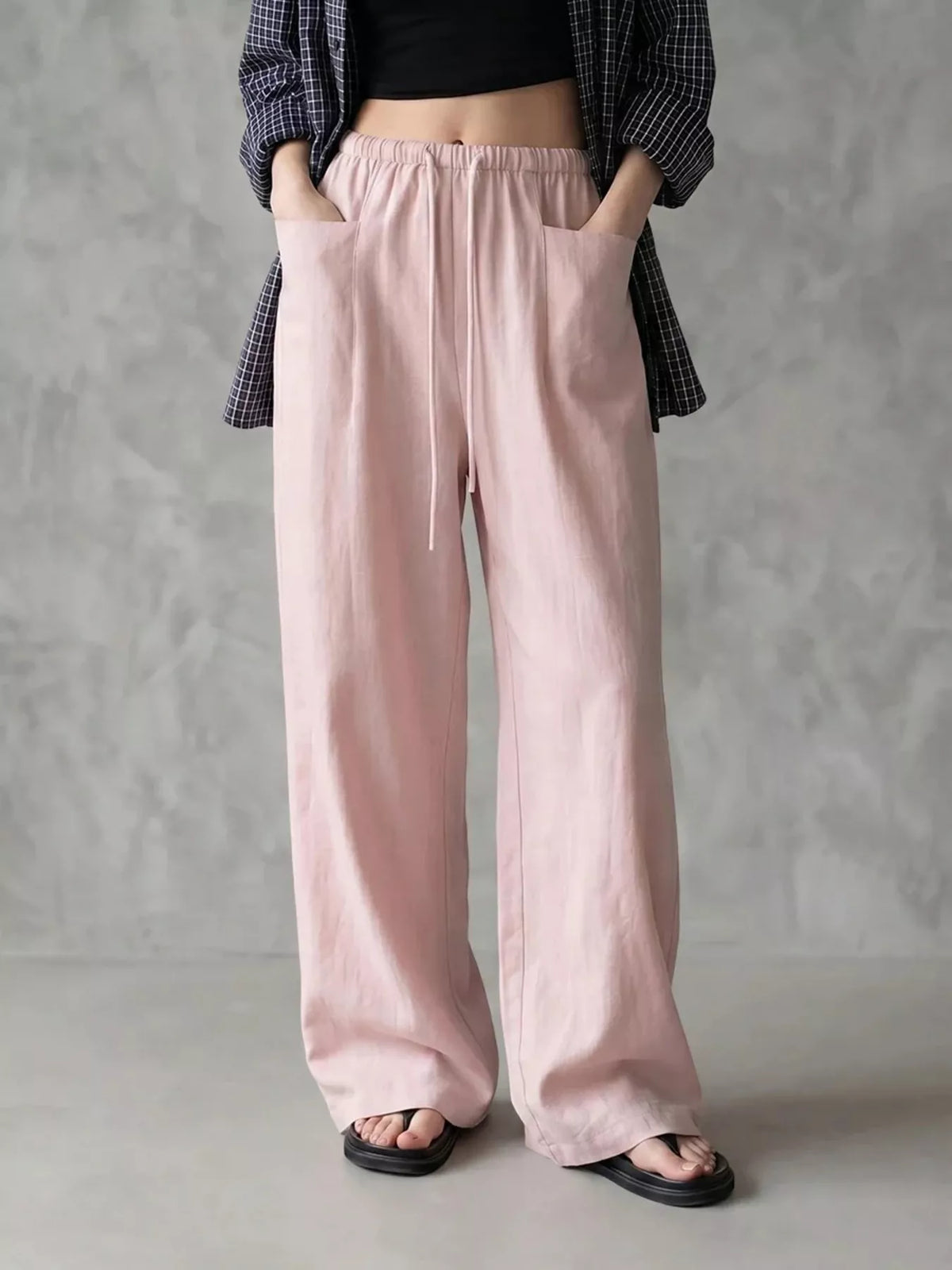 Women's Drawstring Wide-Leg Casual Pants in pink — front view