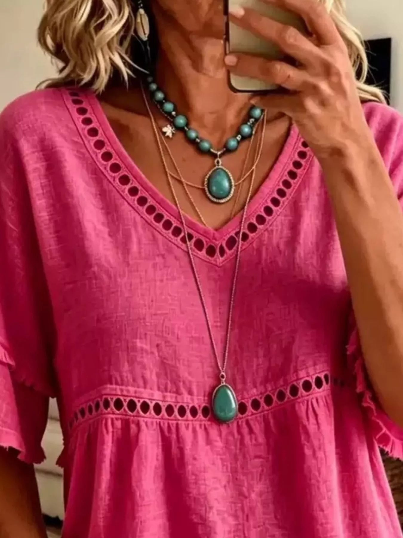 Trendsi Eyelet V-Neck Frayed Edge T-Shirt -