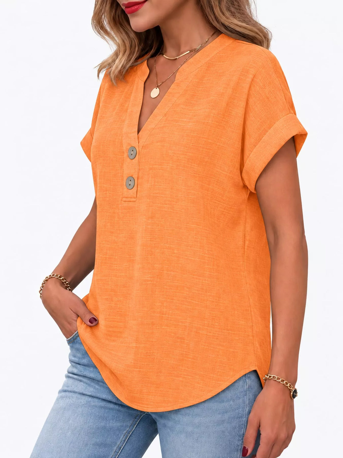 Orange button detail short sleeve blouse, side view