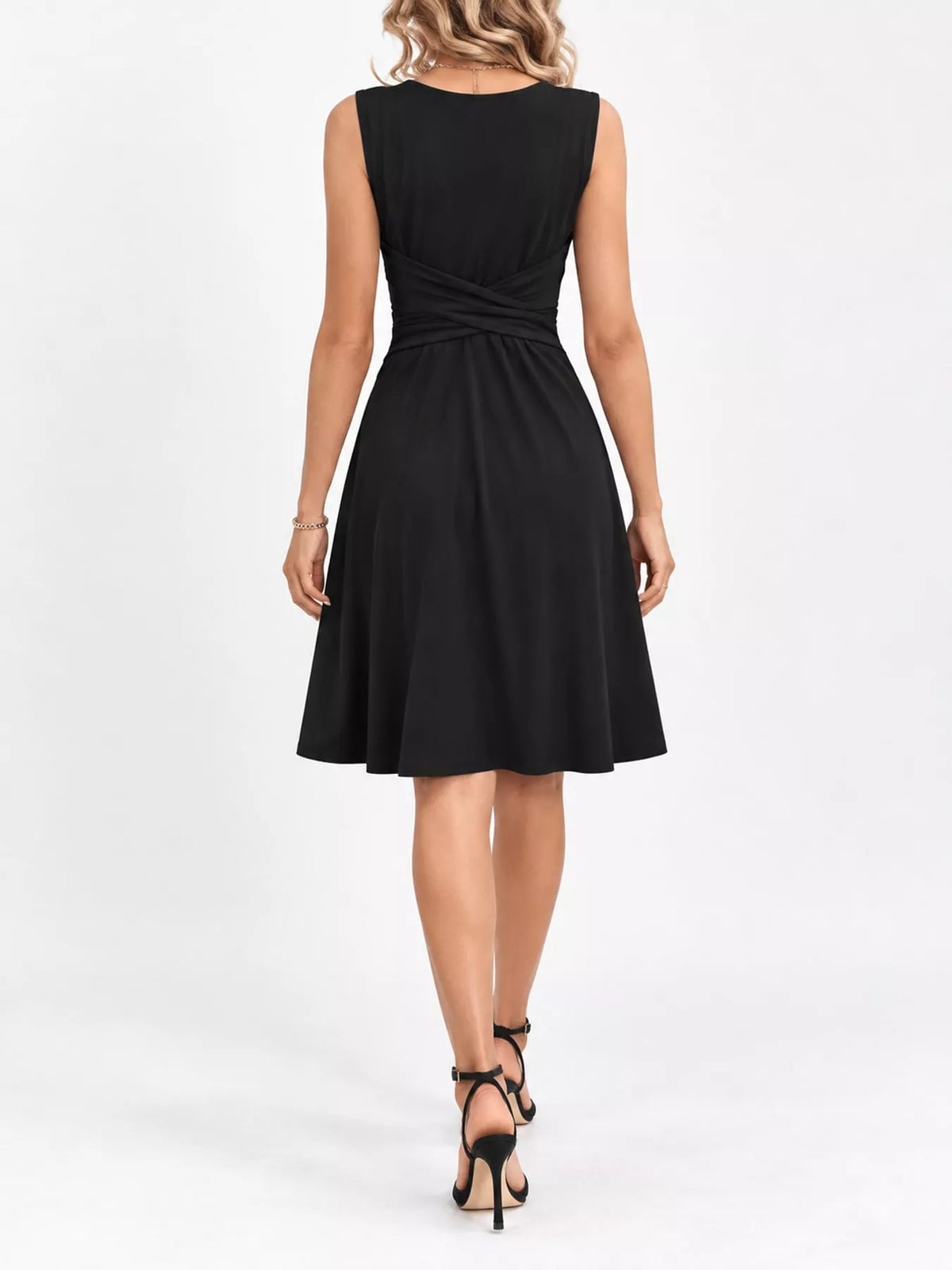 Black sleeveless ruched-front midi dress, back view
