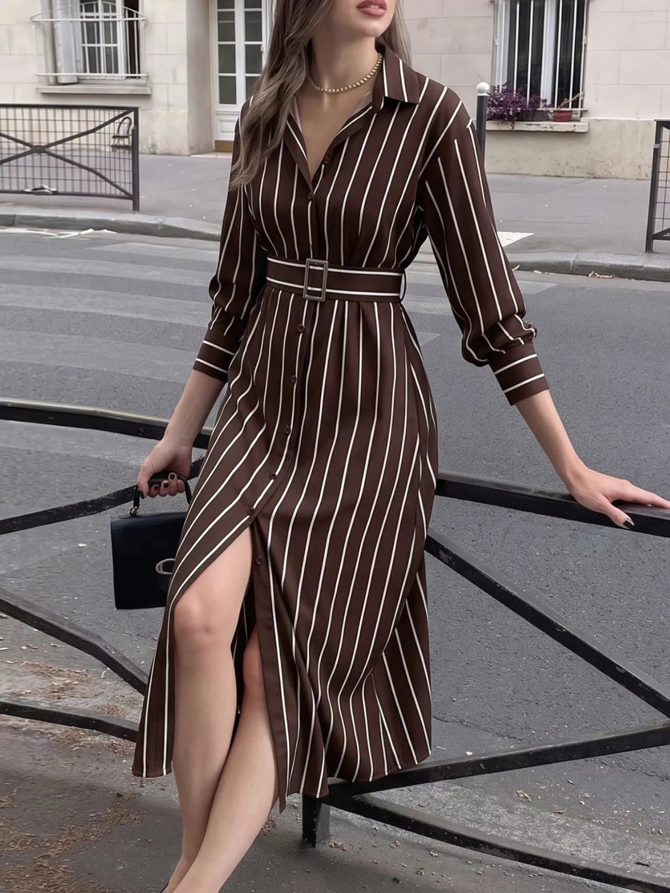 Trendsi Striped Long Sleeve Belted Shirt Dress -