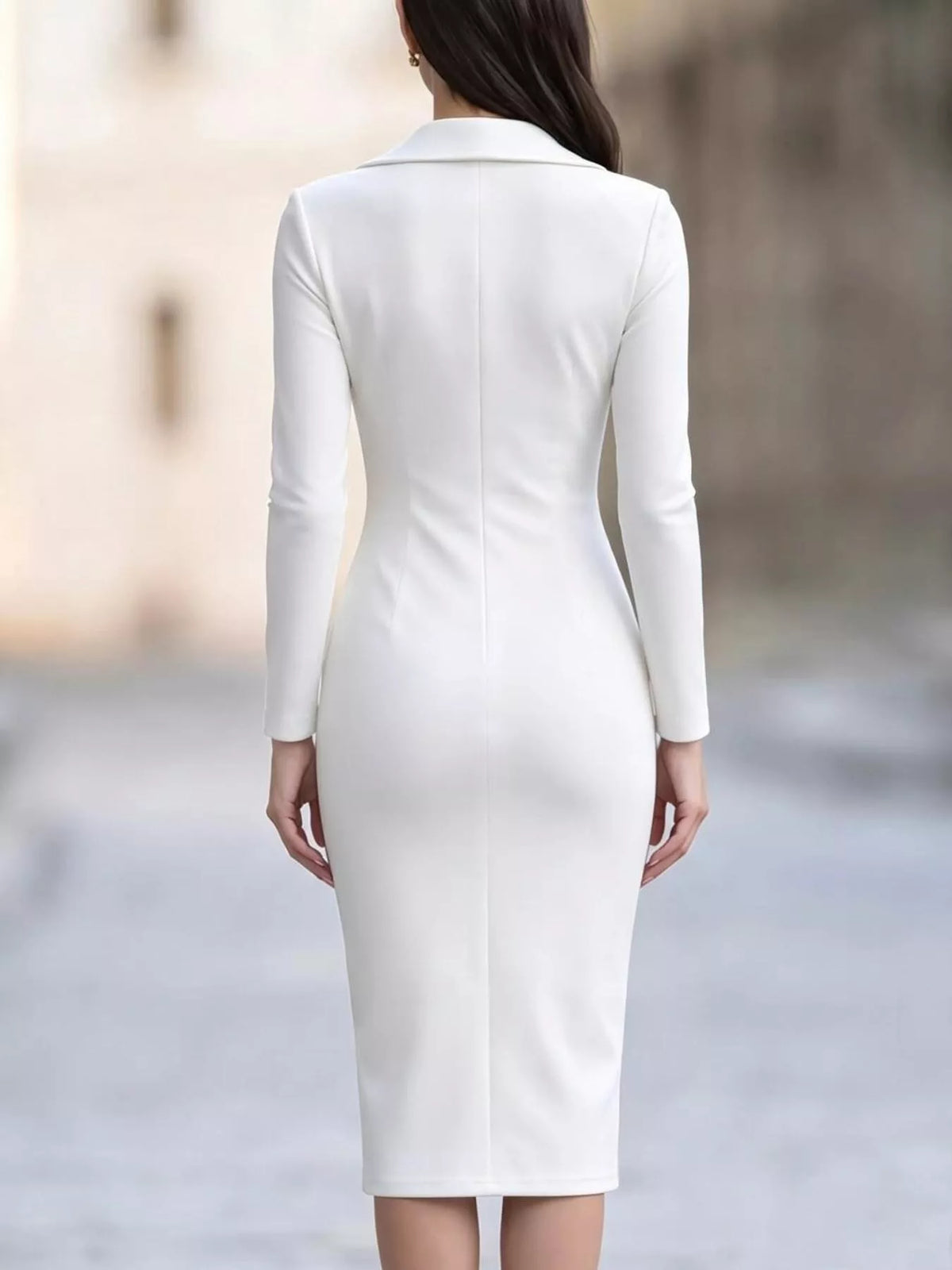 Asymmetric zipper lapel midi dress in white, back view