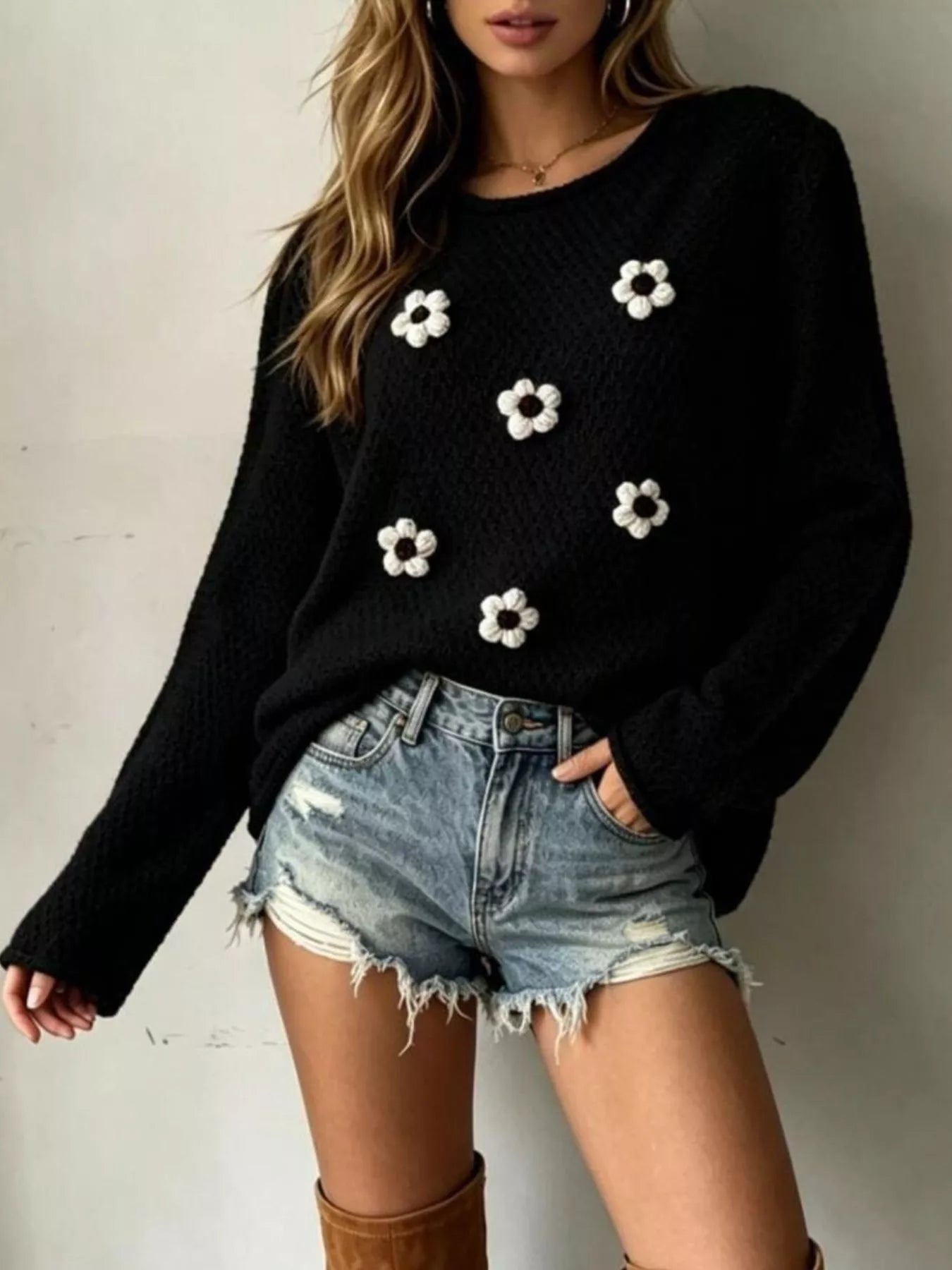 Trendsi Full Size Floral Applique Textured Knit Sweater Plus Size -