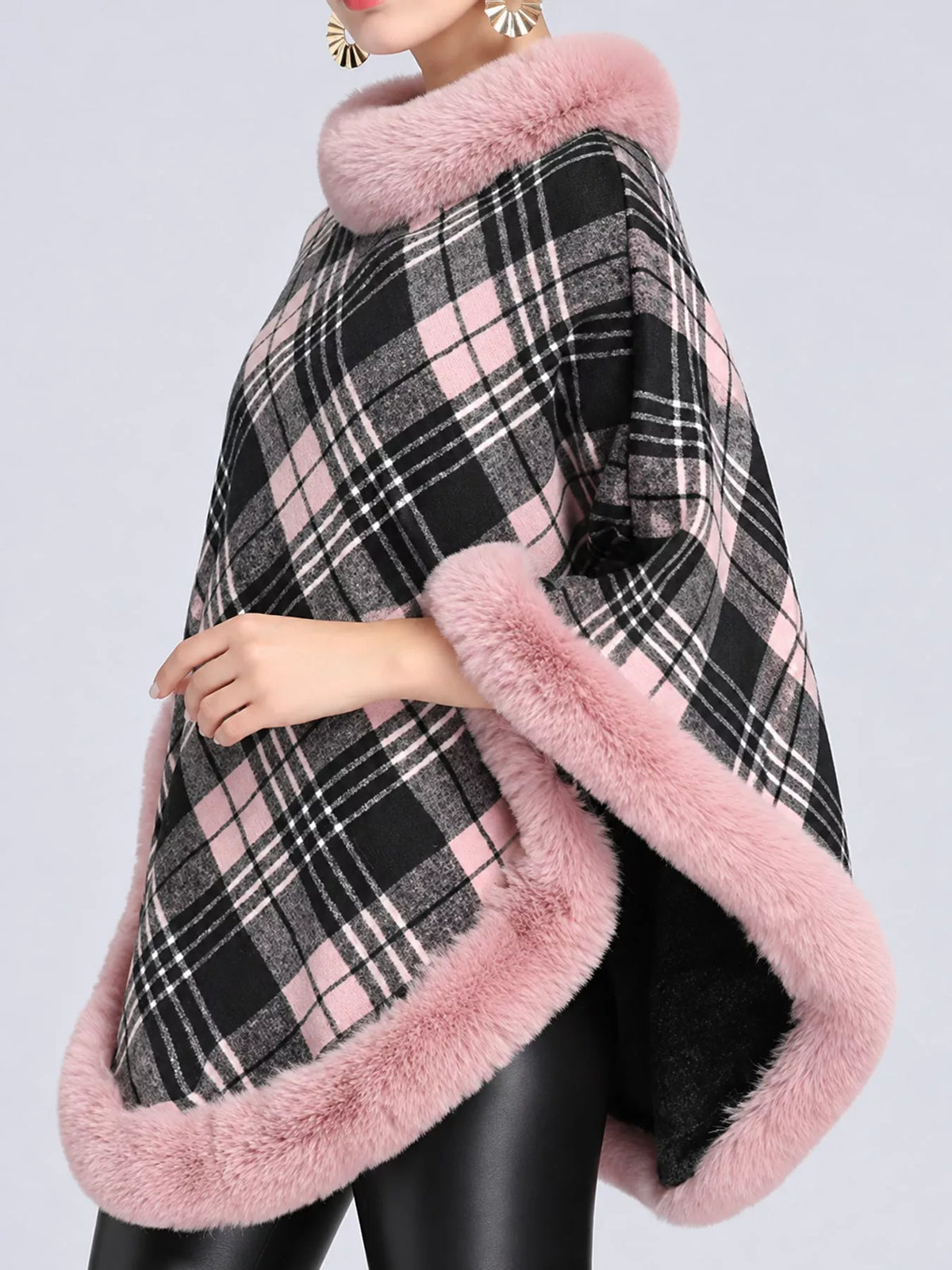 Pink-Plaid plaid faux fur trimmed poncho cape