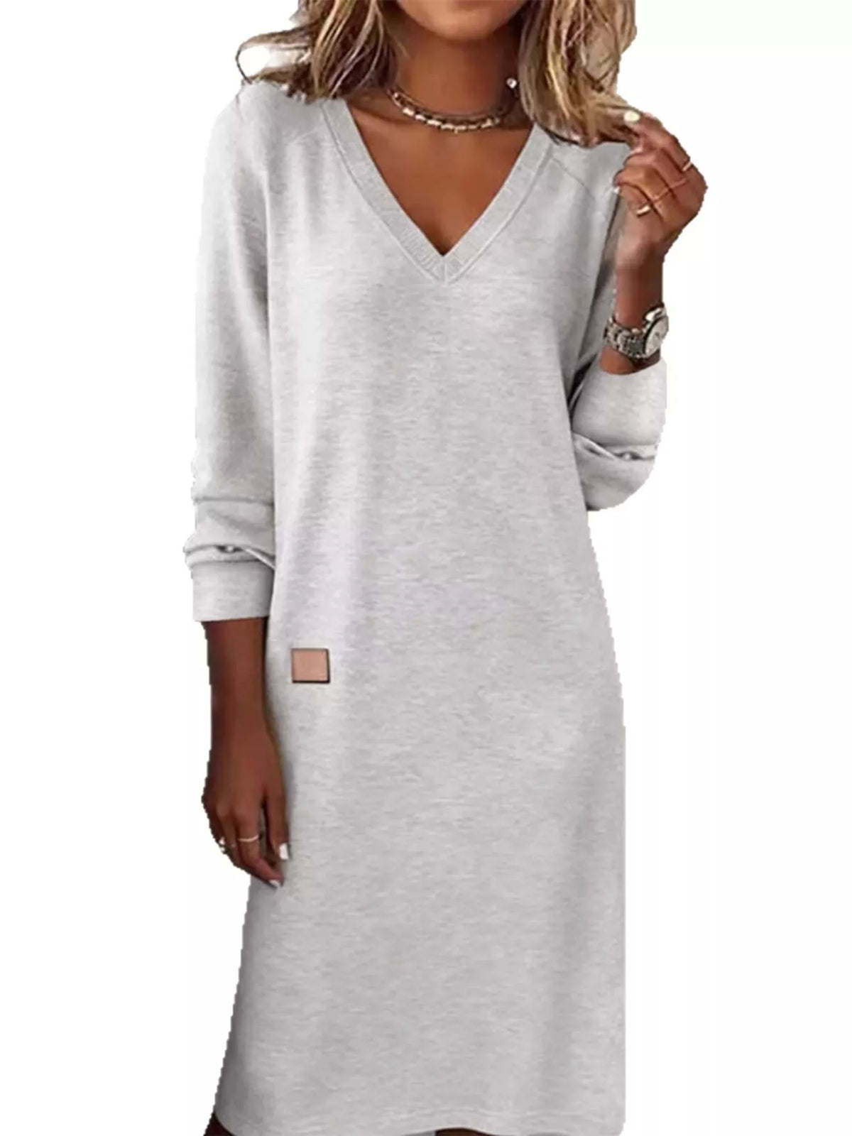Women's V-Neck Long Sleeve Midi Dress in gray — front view