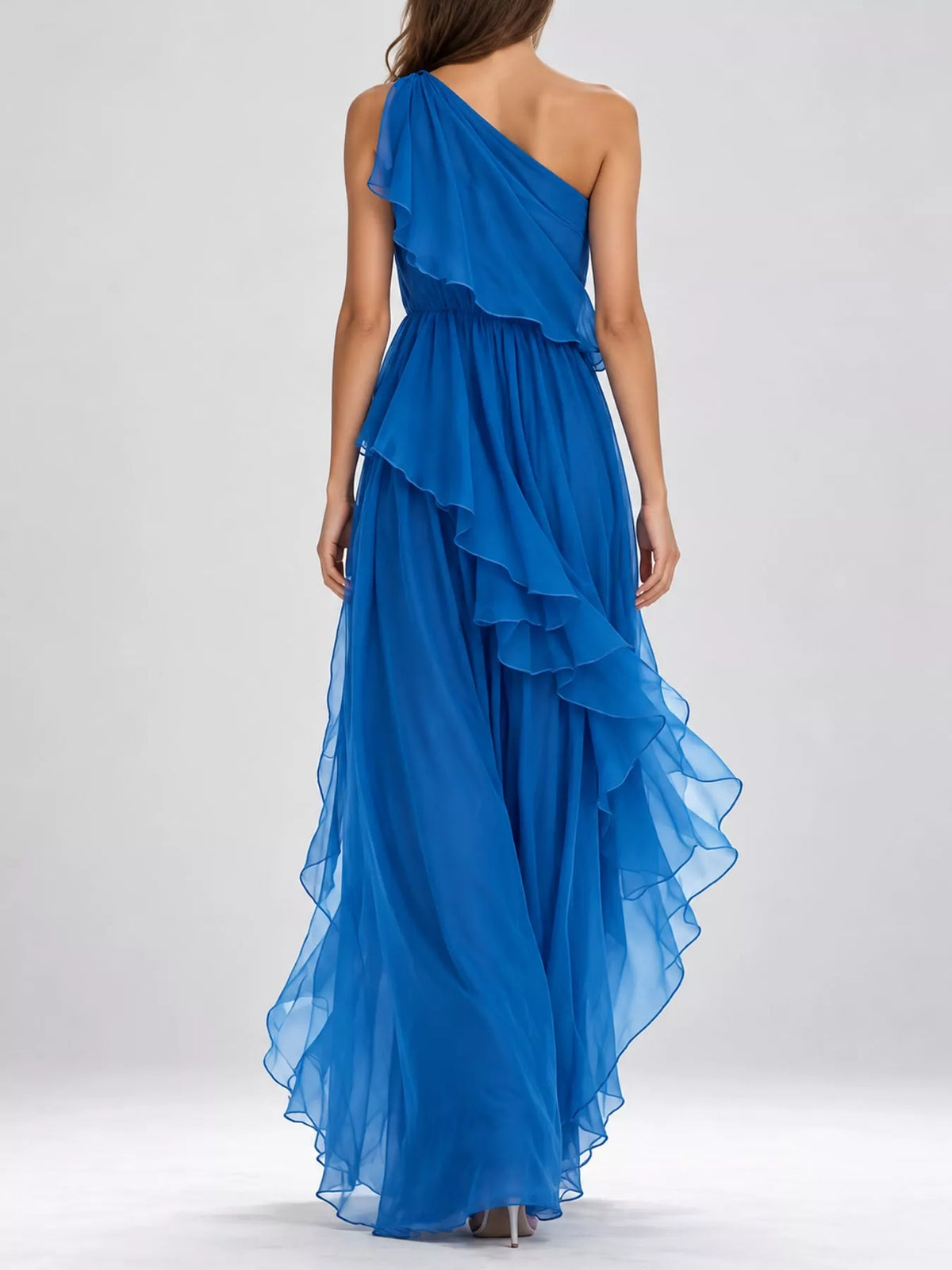 Women's One-Shoulder Ruffled Chiffon Maxi Dress in blue — back view