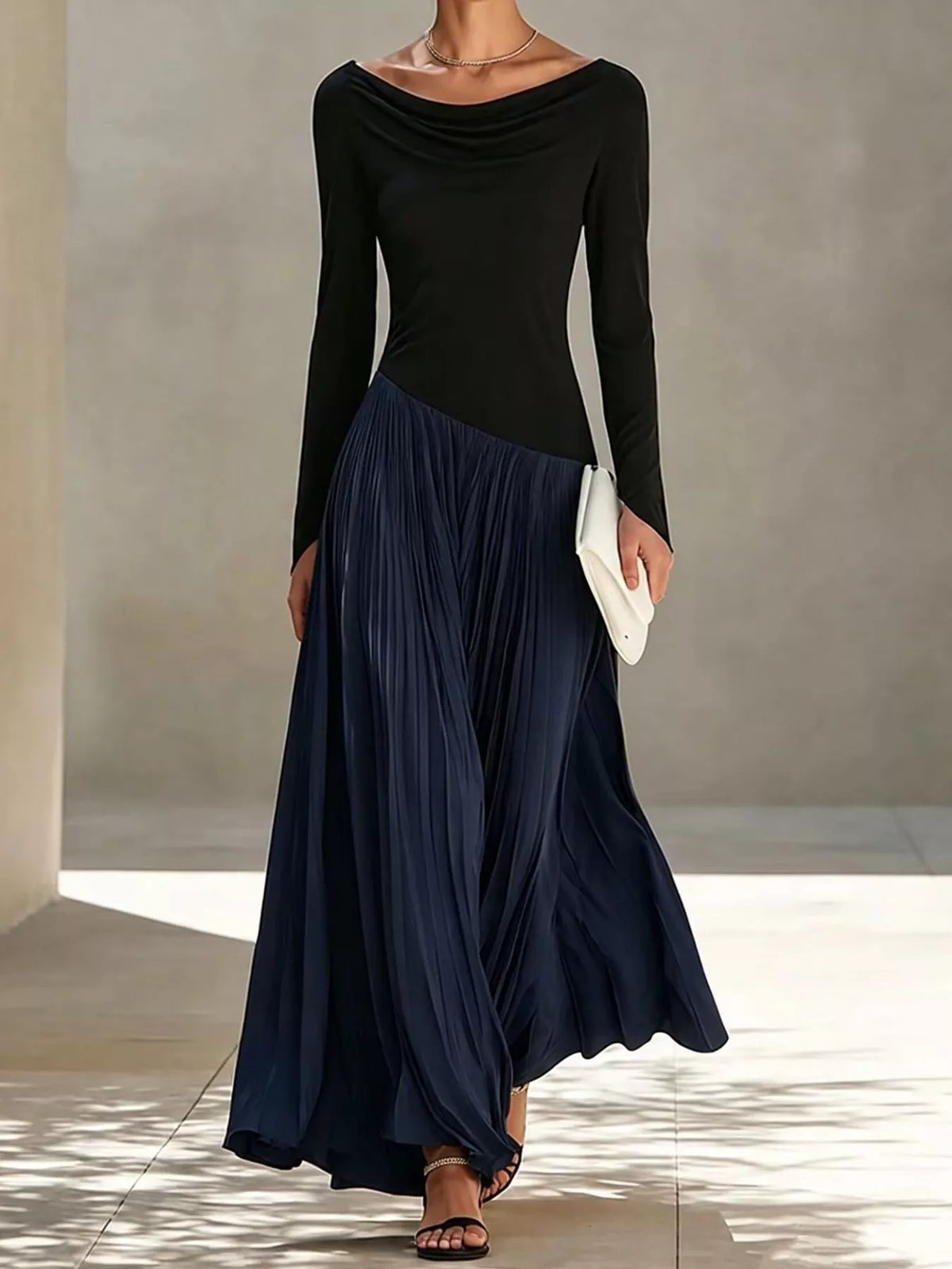 Cowl neck long sleeve maxi dress, front view on model