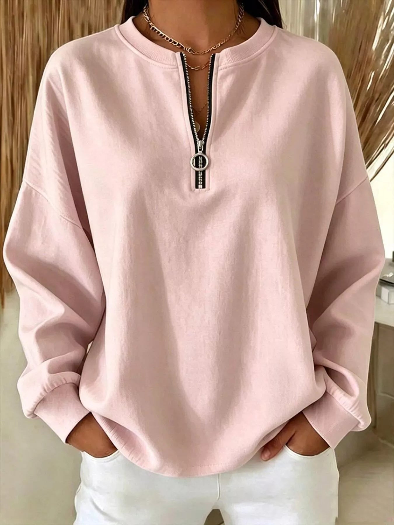 Trendsi Quarter-Zip Dropped Shoulder Sweatshirt -