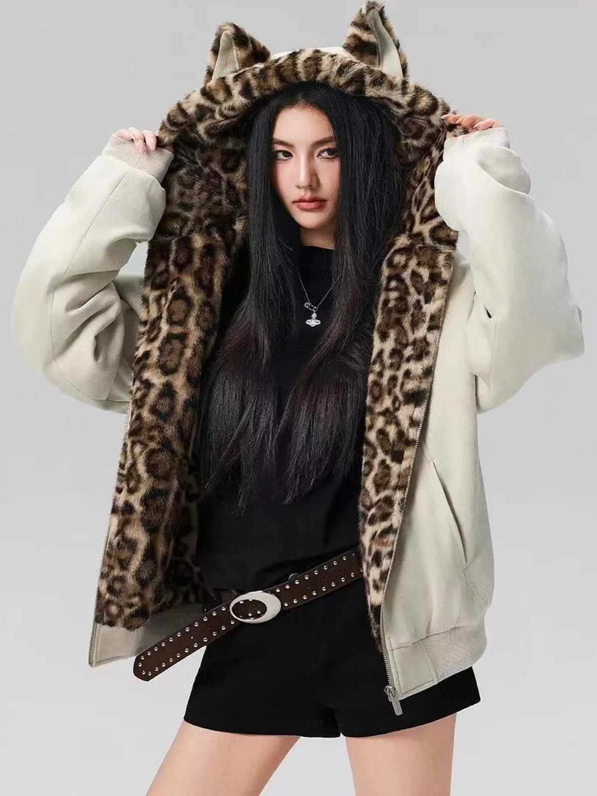 Leopard-Trim Faux Fur Hooded Zip-Up Jacket in off-white, front view