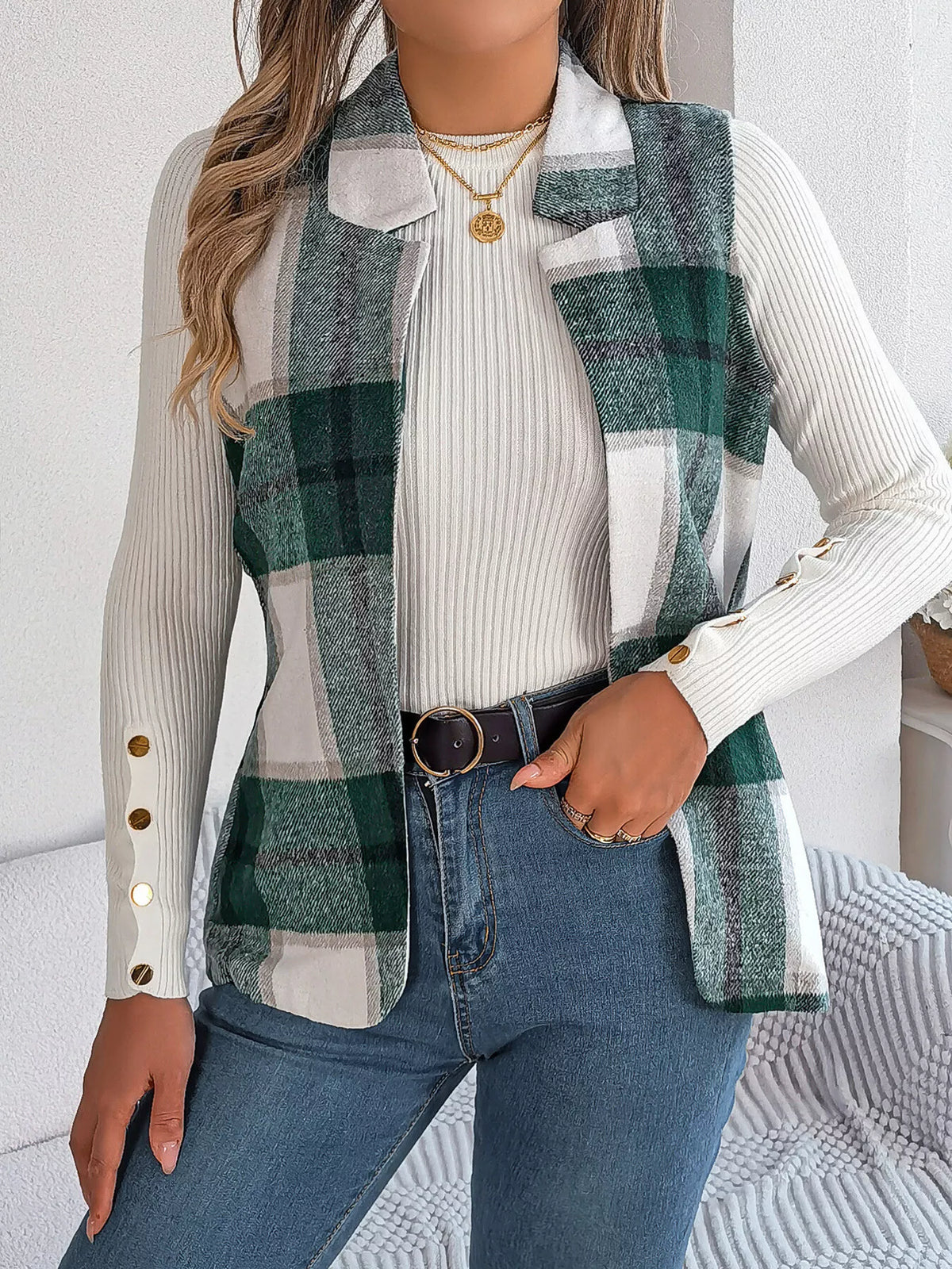 Green plaid open front vest