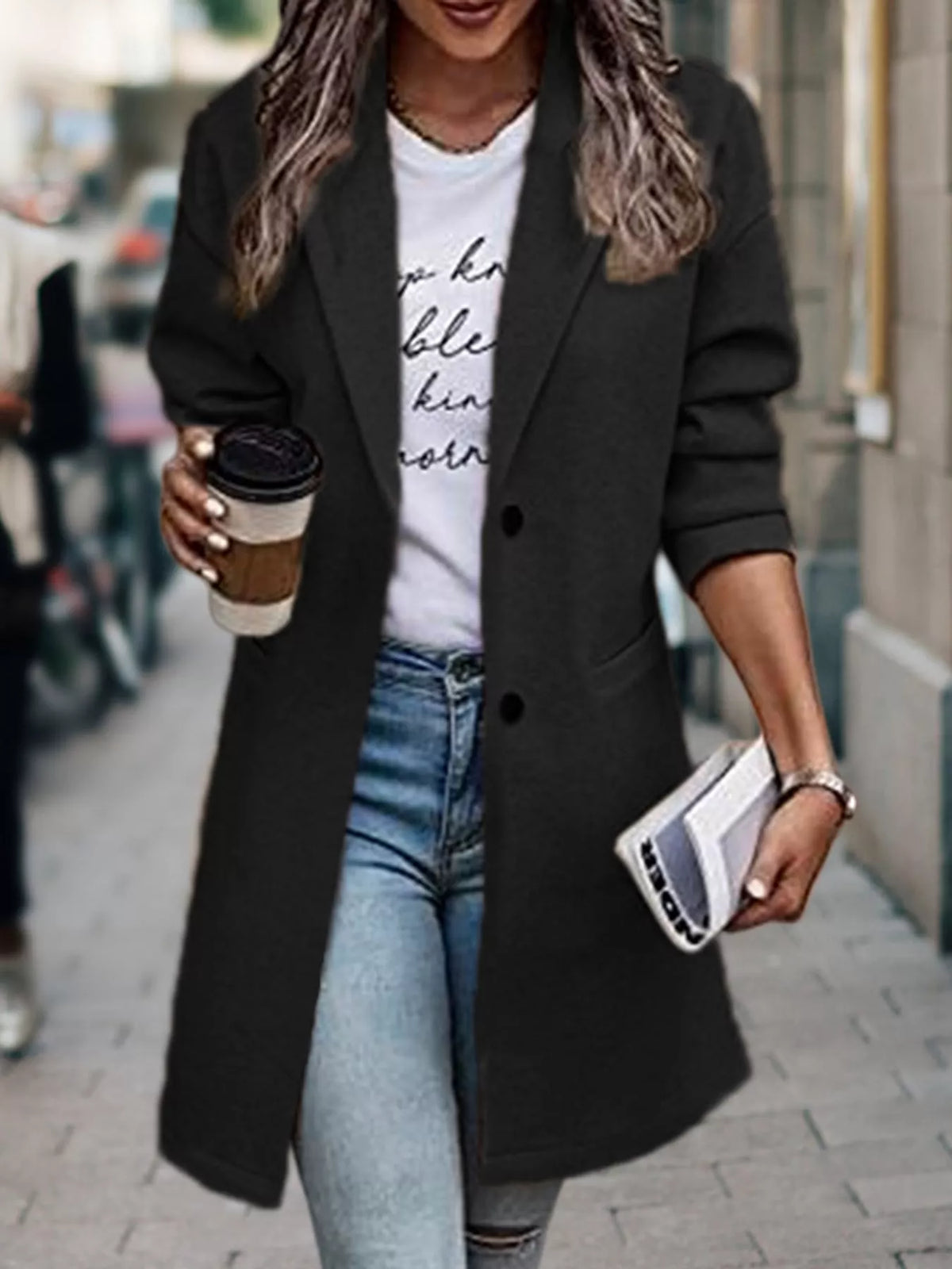 Black lapel collar button-up coat