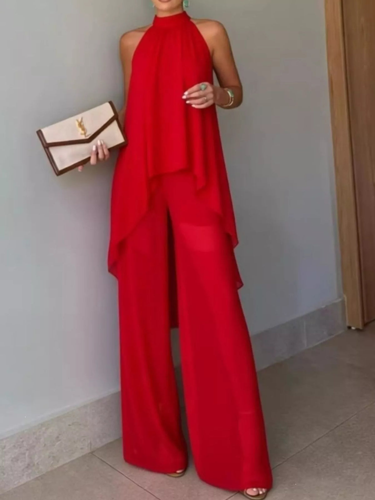 Bright Red High-Low Sleeveless Top & Wide-Leg Pants Set front view