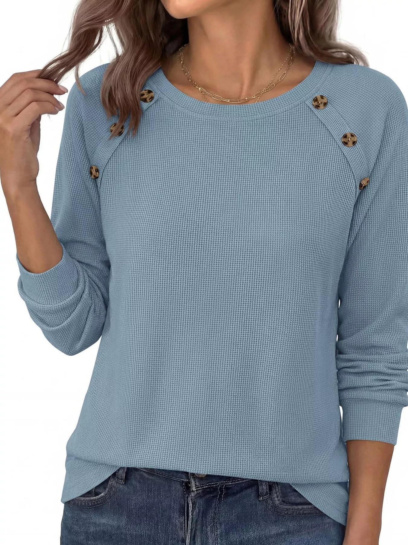 Trendsi Decorative Button Waffle Knit Long Sleeve T-Shirt -
