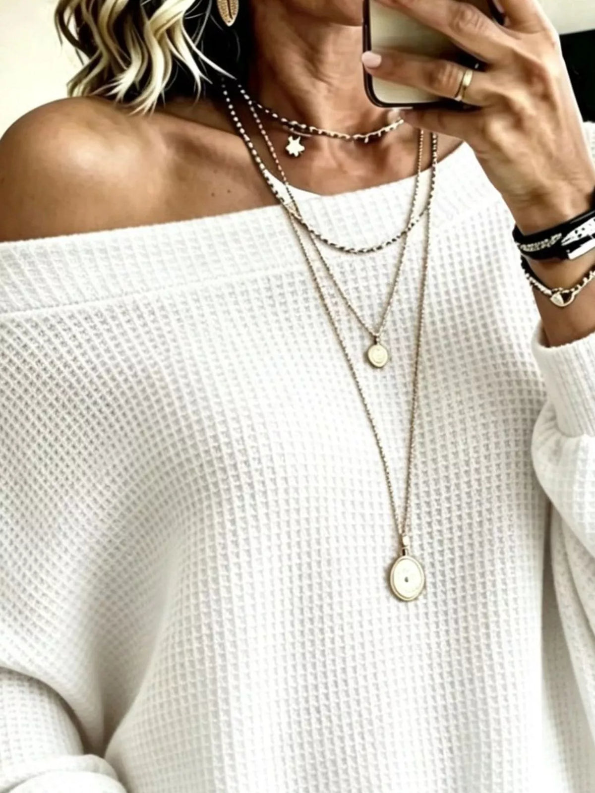 Women's Waffle Knit Boat Neck Sweatshirt in white — front view
