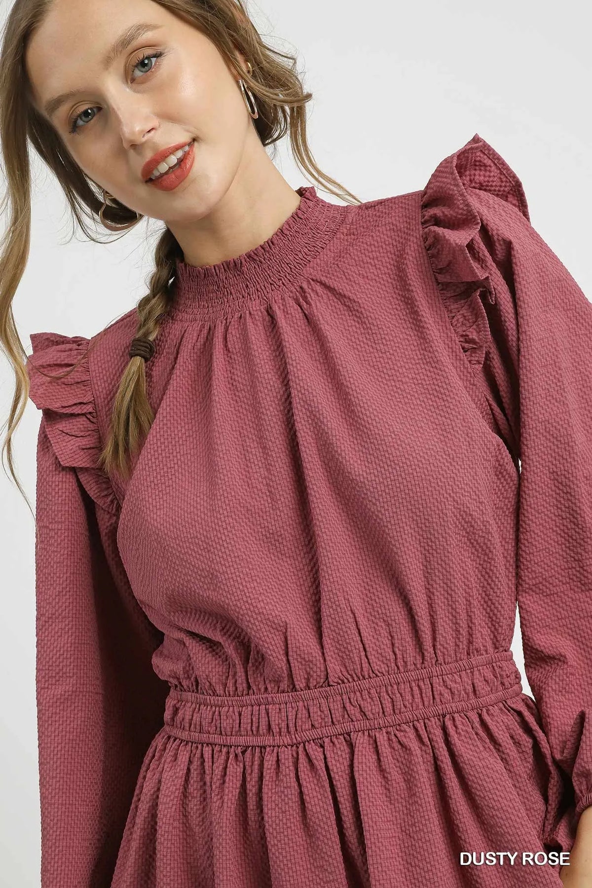 Women's Textured Midi Dress With Ruffle Shoulder Detail — product view 6